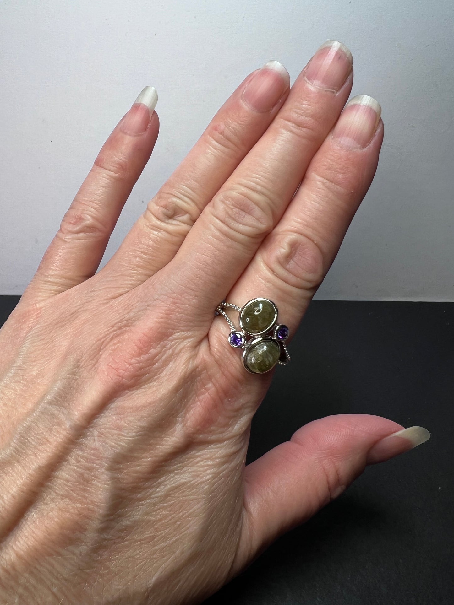 Labradorite and purple CZ sterling silver ring size 9