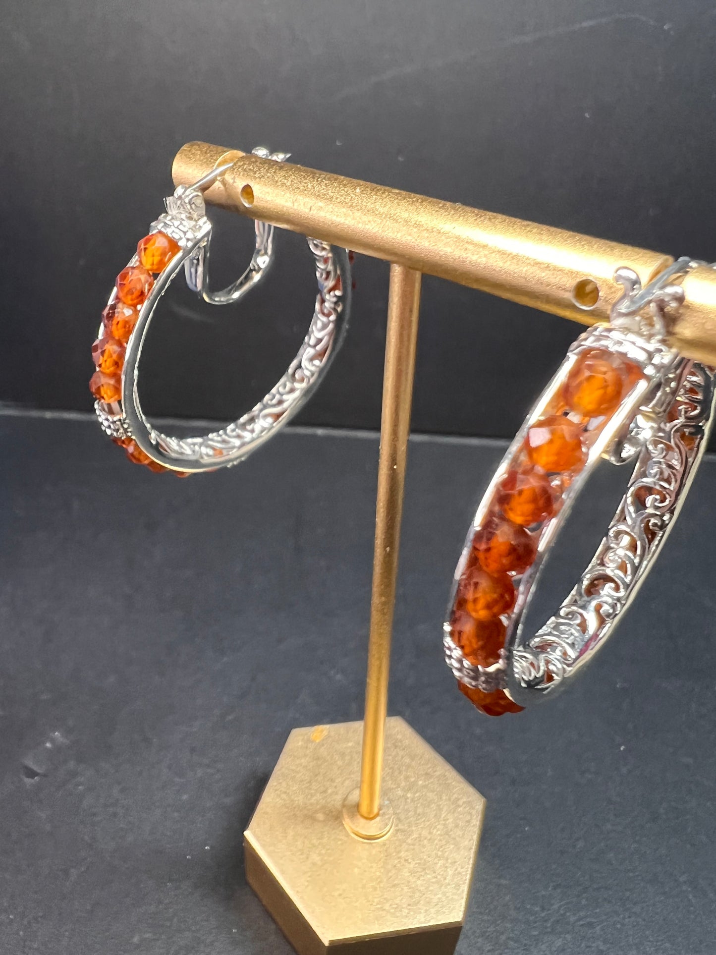 NEW Hessonite garnet hoop earrings in platinum over brass