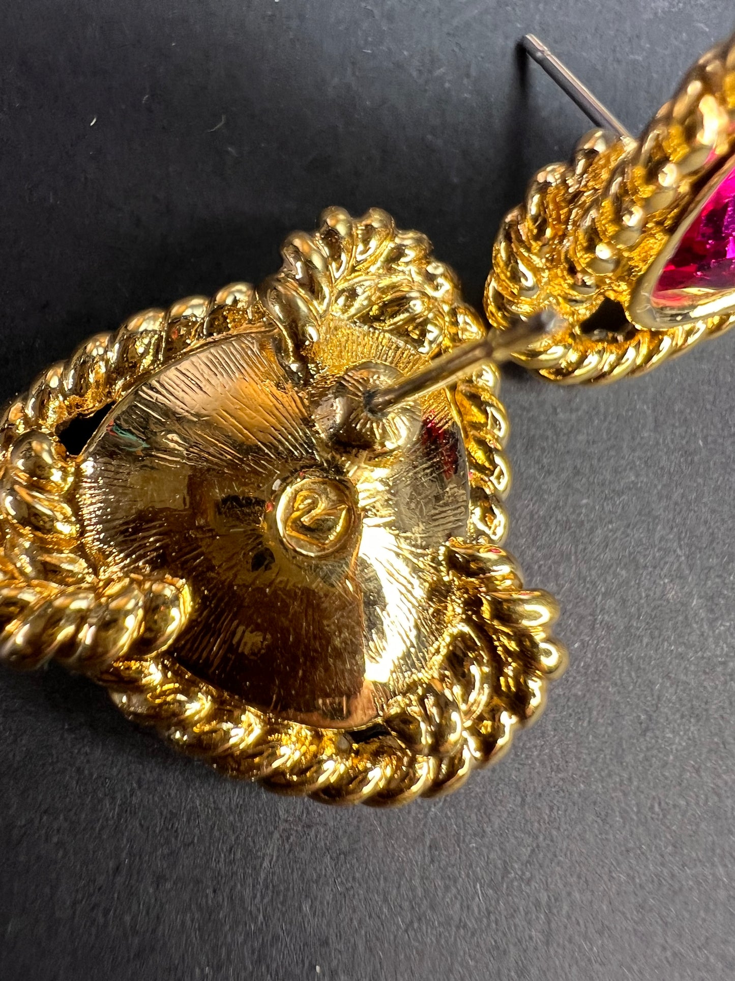 Vintage Swarovski Magenta Crystal Gold Tone Rope Post Earrings