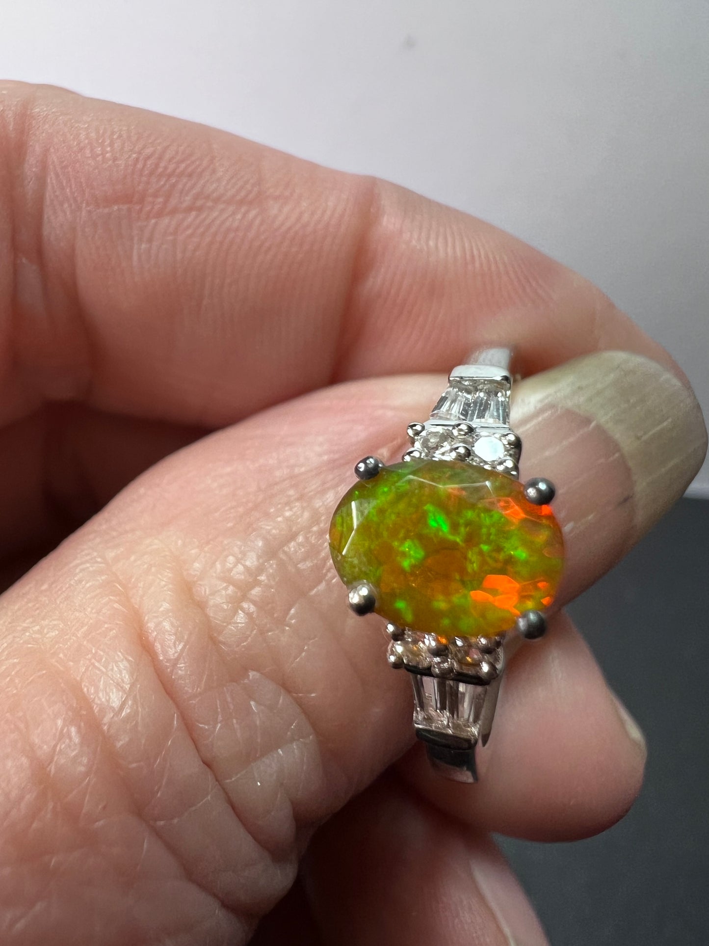 Ethiopian opal and white topaz sterling silver ring size 9