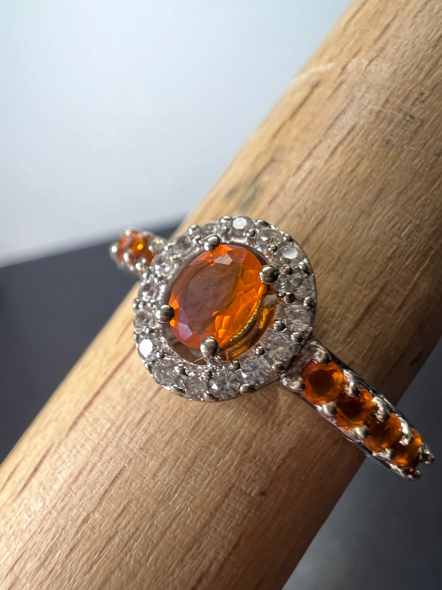 Mexican fire opal halo ring in sterling silver size 9