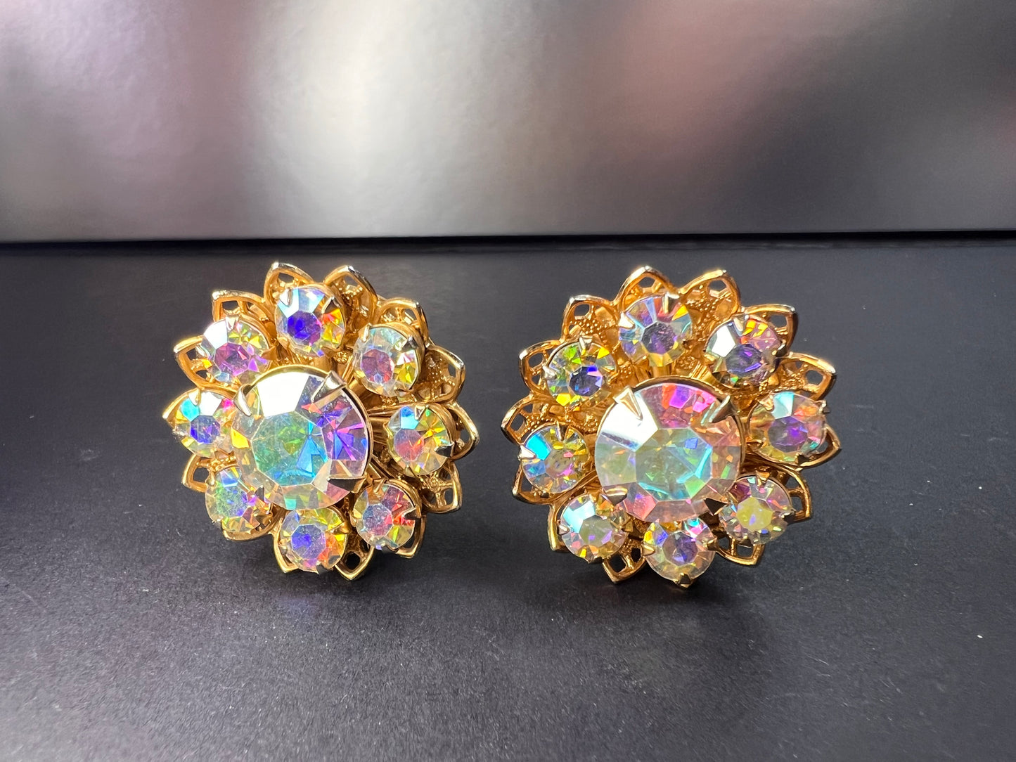 Vintage AB Rhinestone Floral Clip-On Earrings | Mid-Century Costume