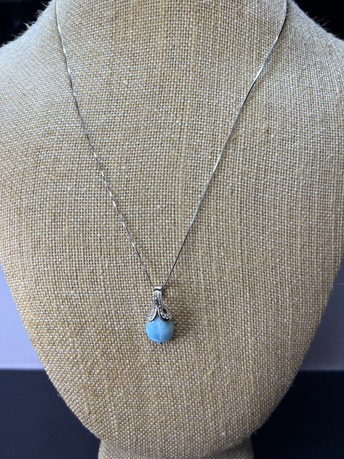 Larimar tear drop sterling silver pendant with 18 inch chain necklace