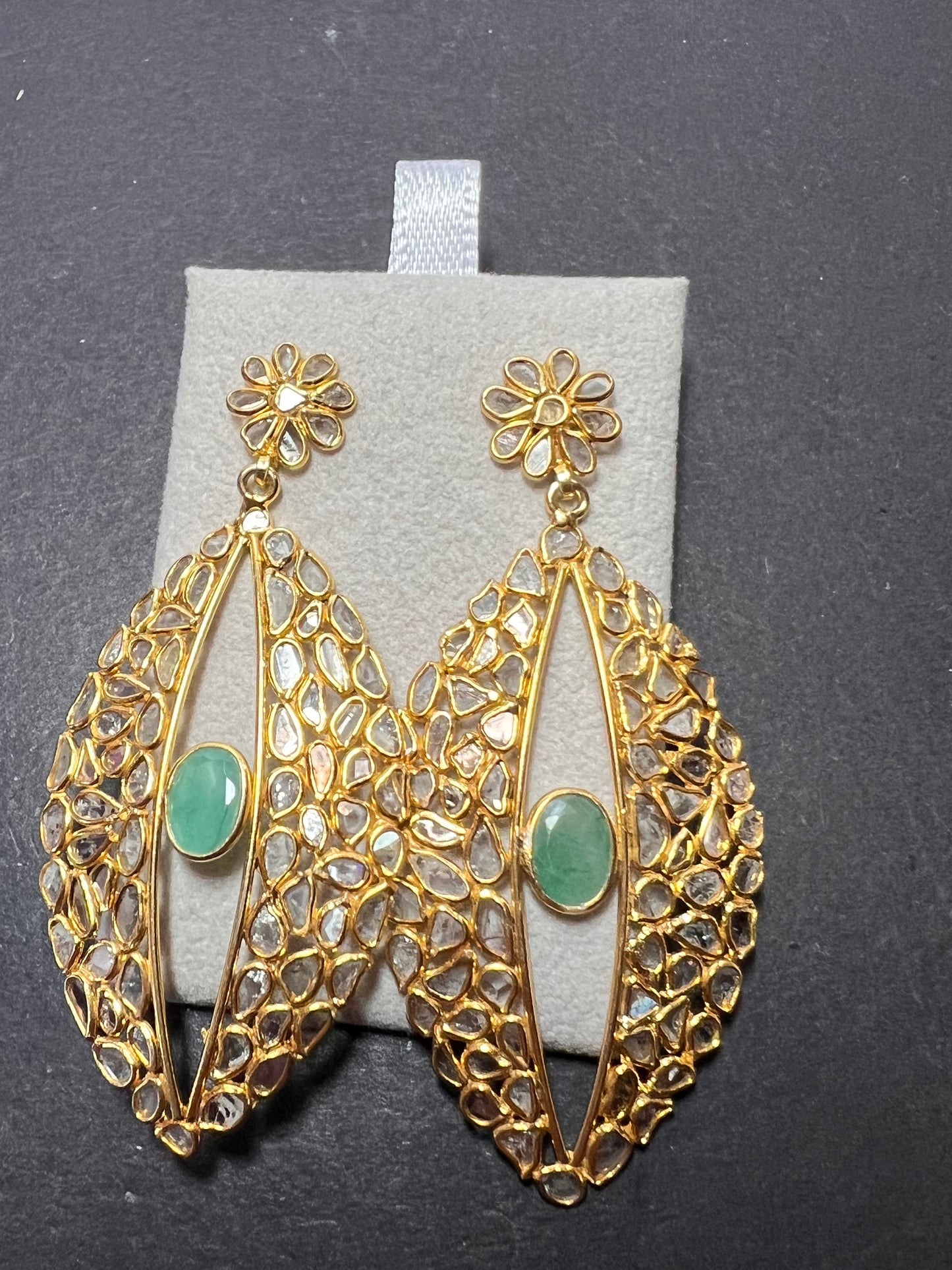 Polki diamond slices and emerald gold over sterling silver open marquee drop earrings