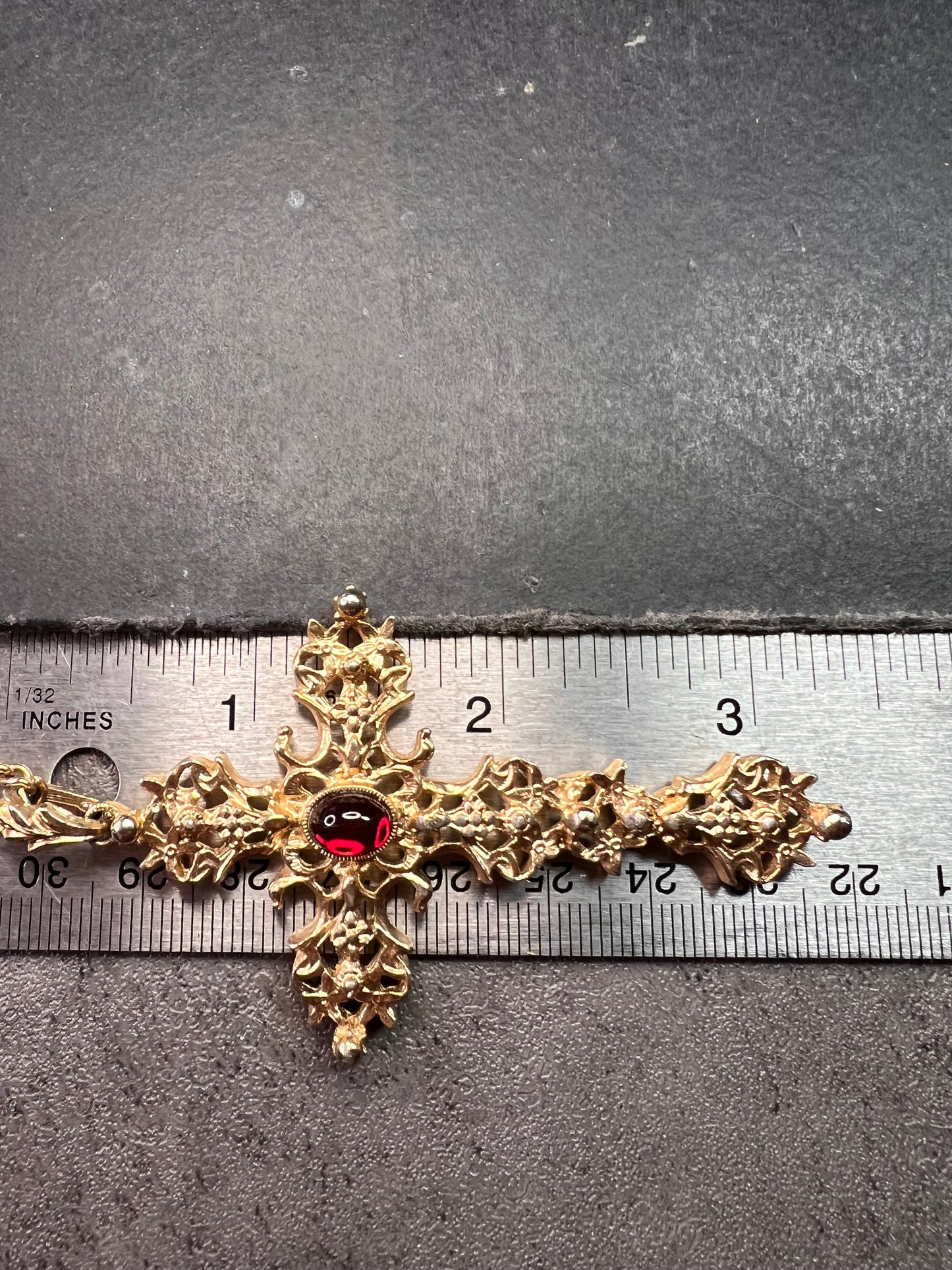 Vintage Avon Red Cabochon Filigree Cross Necklace 24”