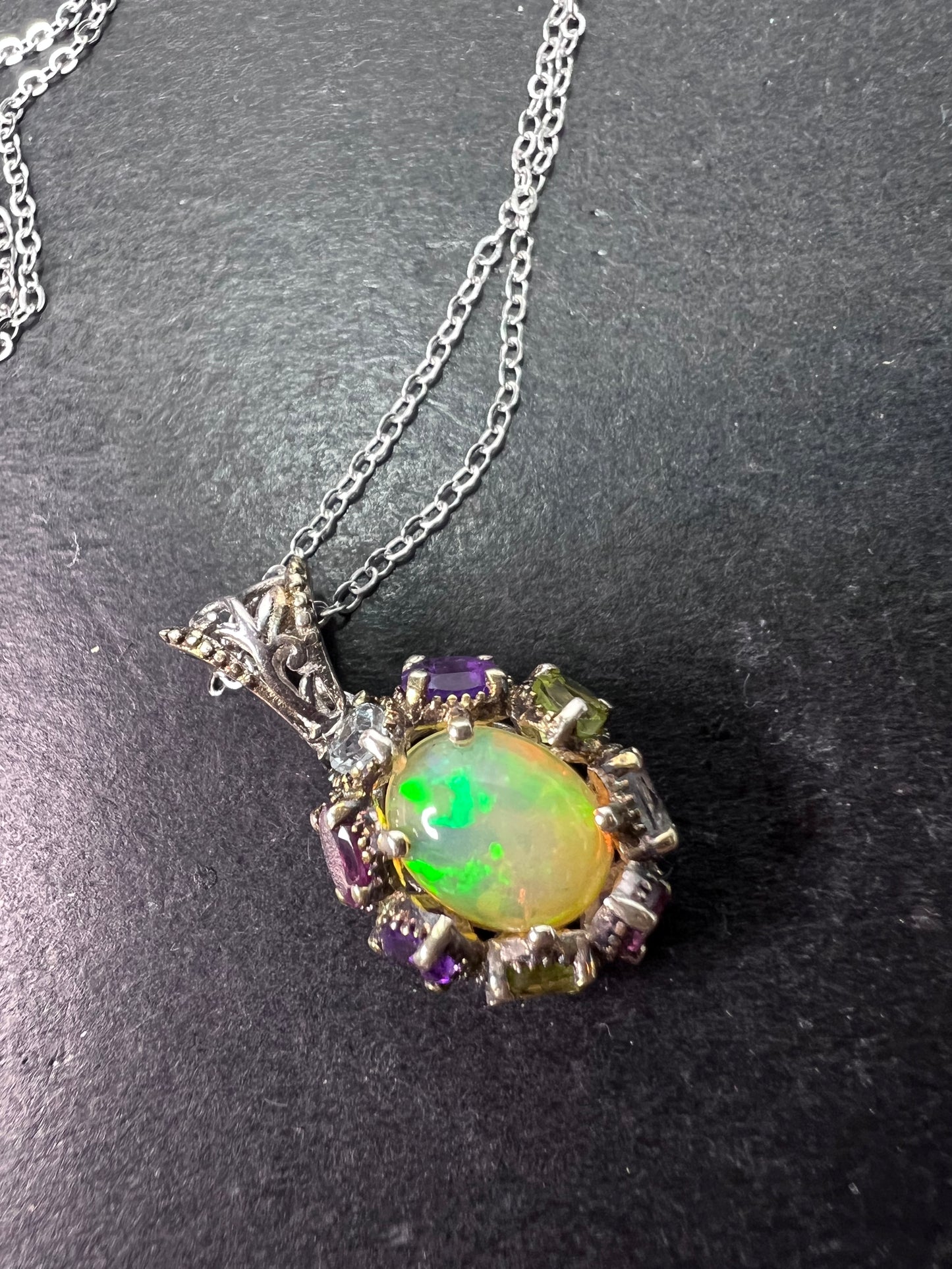 Ethiopian opal multi stone sterling silver halo pendant necklace