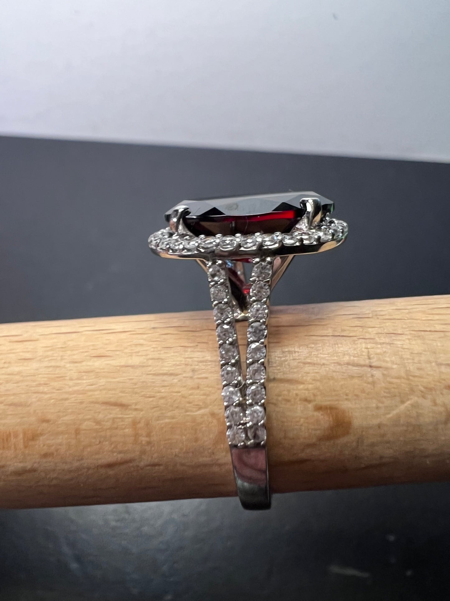 Garnet and zircon sterling silver halo ring size 9