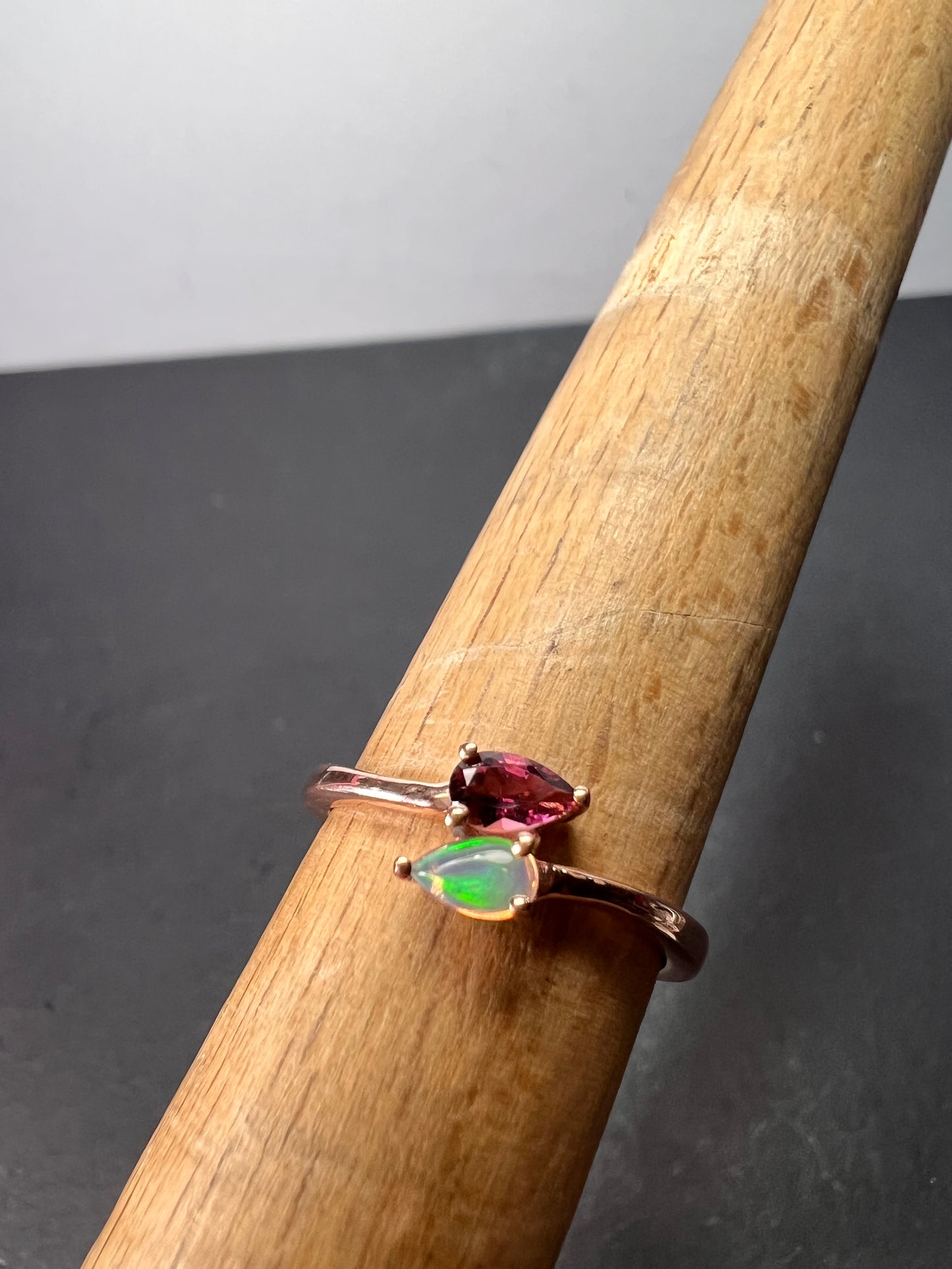 Rubellite and Ethiopian welo opal bypass ring in rose gold vermeil over sterling silver size 7. .35ctw