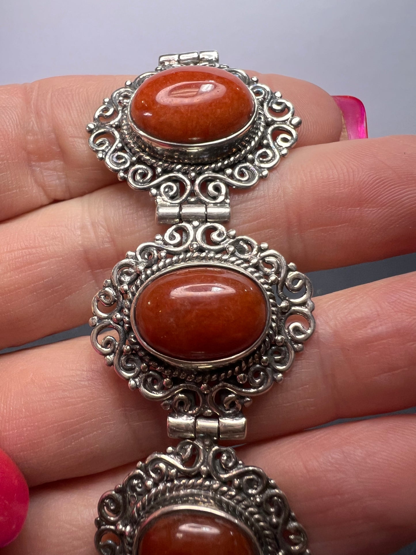 Red orange jade ornate sterling silver toggle bracelet