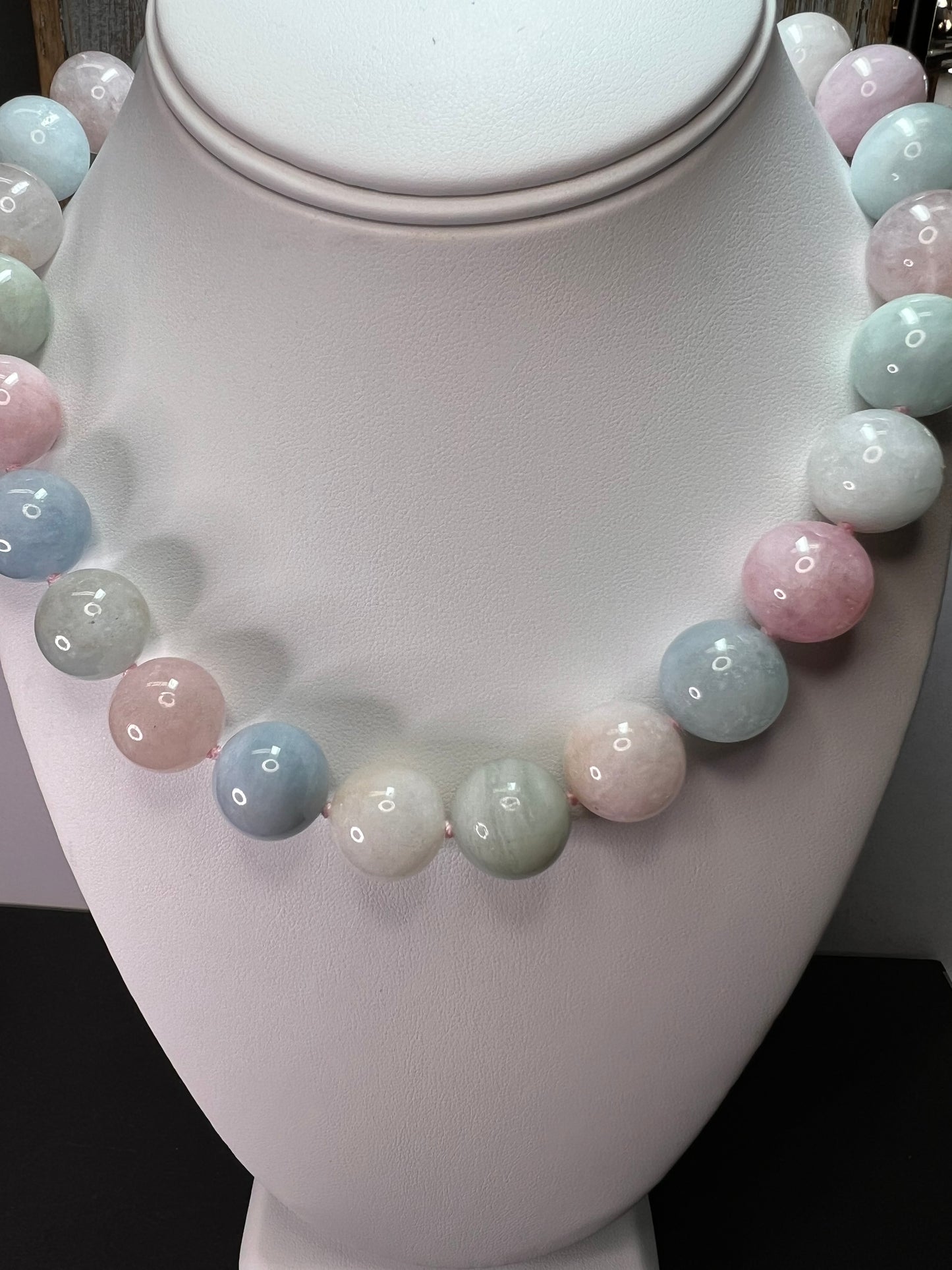 16mm morganite aquamarine beryl knotted bead 18 inch necklace with 925 magnetic clasp