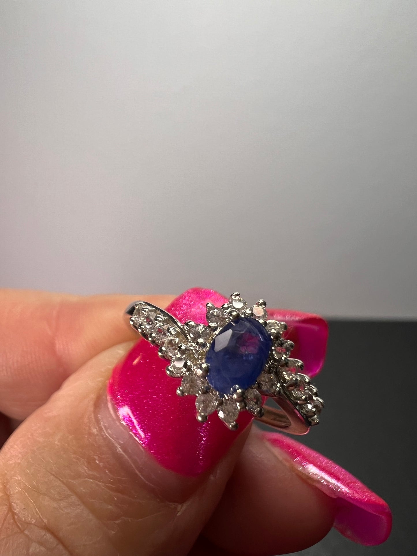 Blue sapphire and zircon ring in platinum over sterling silver size 7 *NEW*