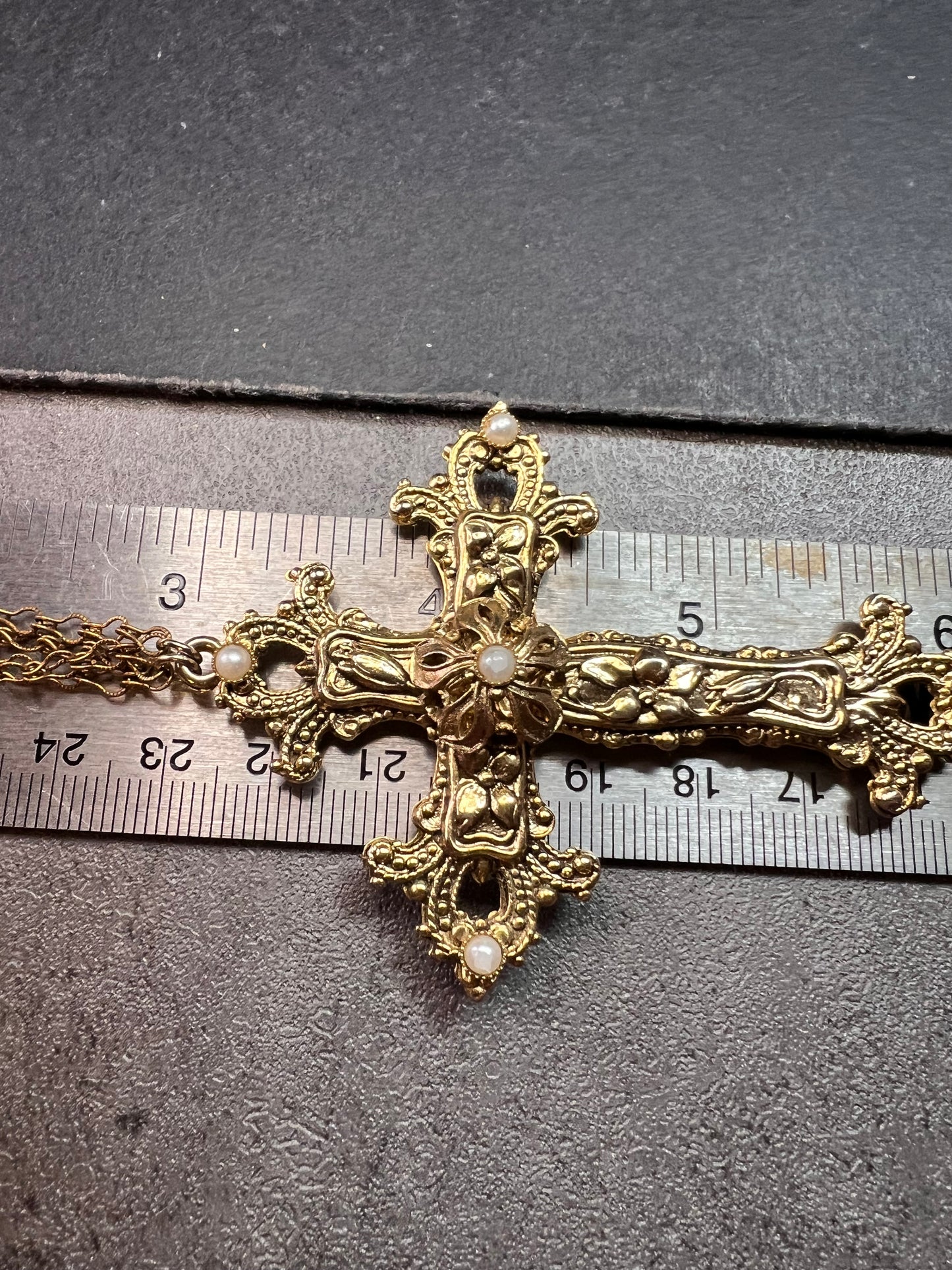 Vintage 1928 Gold Tone Cross Pendant Necklace with Faux Pearls – Long Chain Statement Jewelry