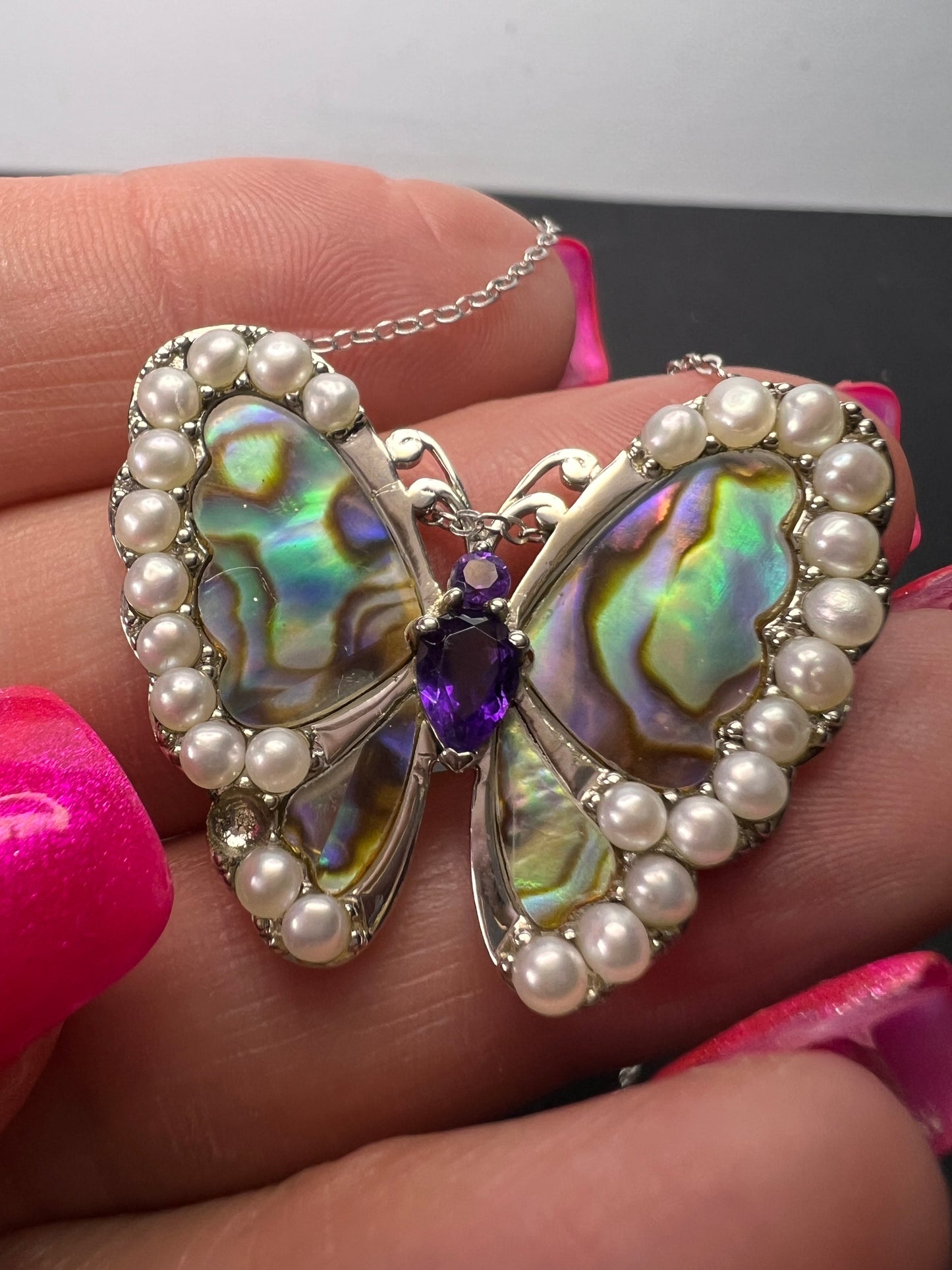 Abalone, amethyst and pearl butterfly sterling silver necklace