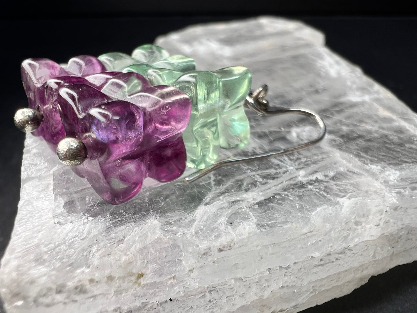 Sterling Silver Carved Fluorite Flower Drop Earrings