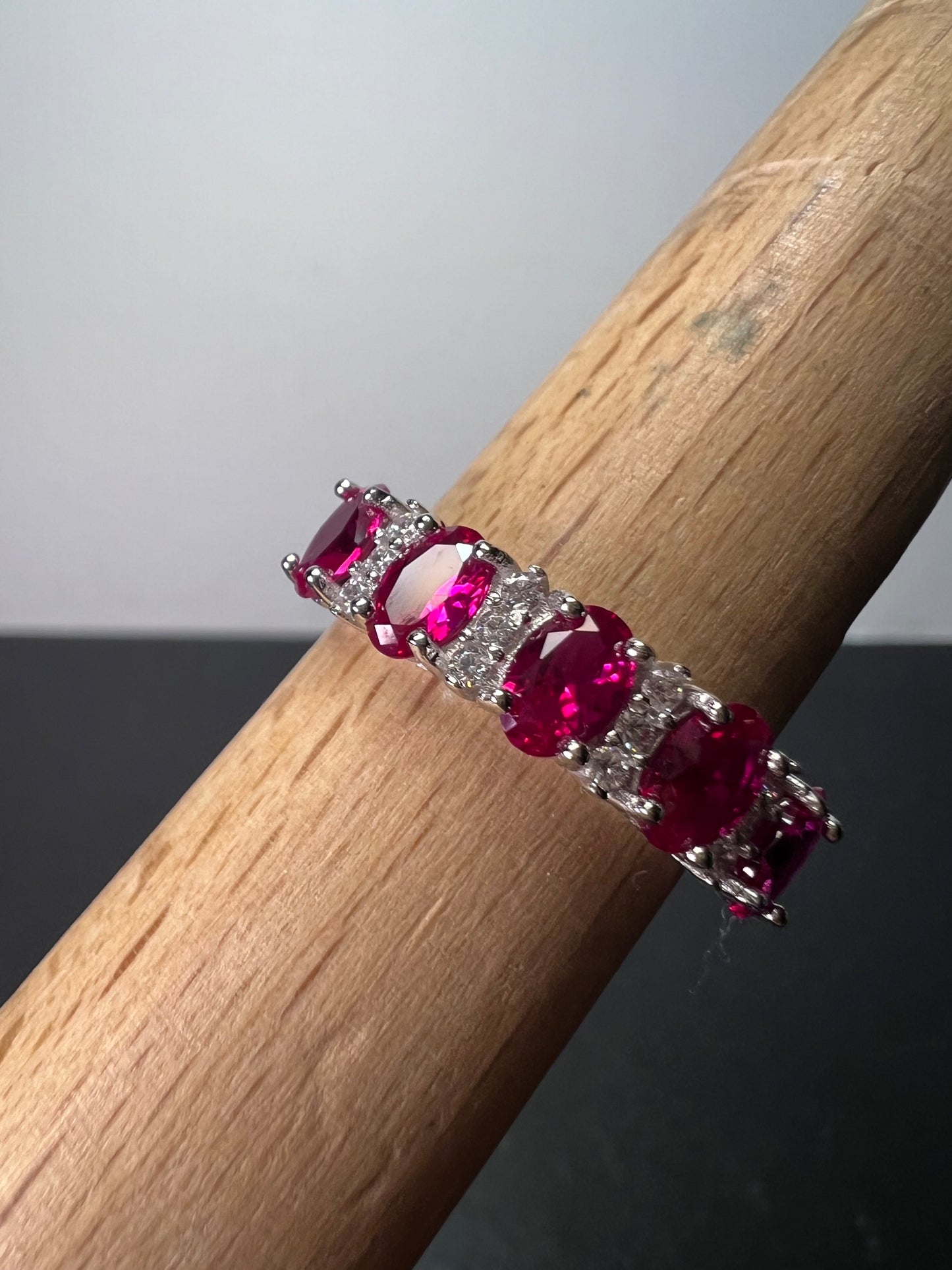 Lab ruby & White Cubic Zirconia Rhodium Over Silver Ring size 10