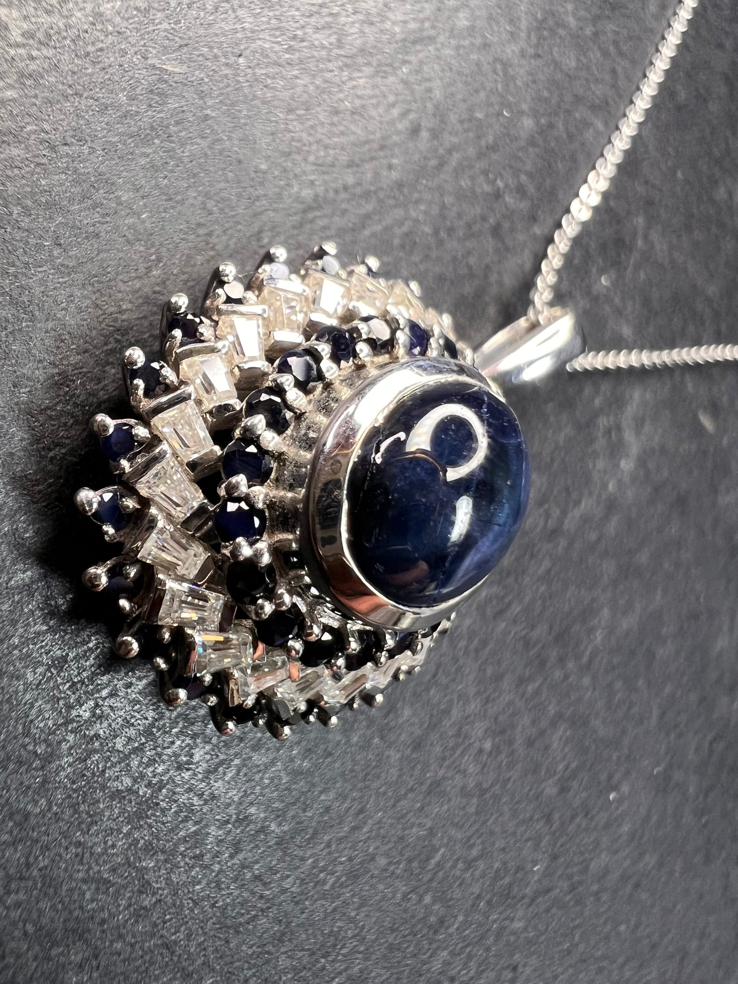 NEW Blue star sapphire and moissanite sterling silver halo pendant necklace