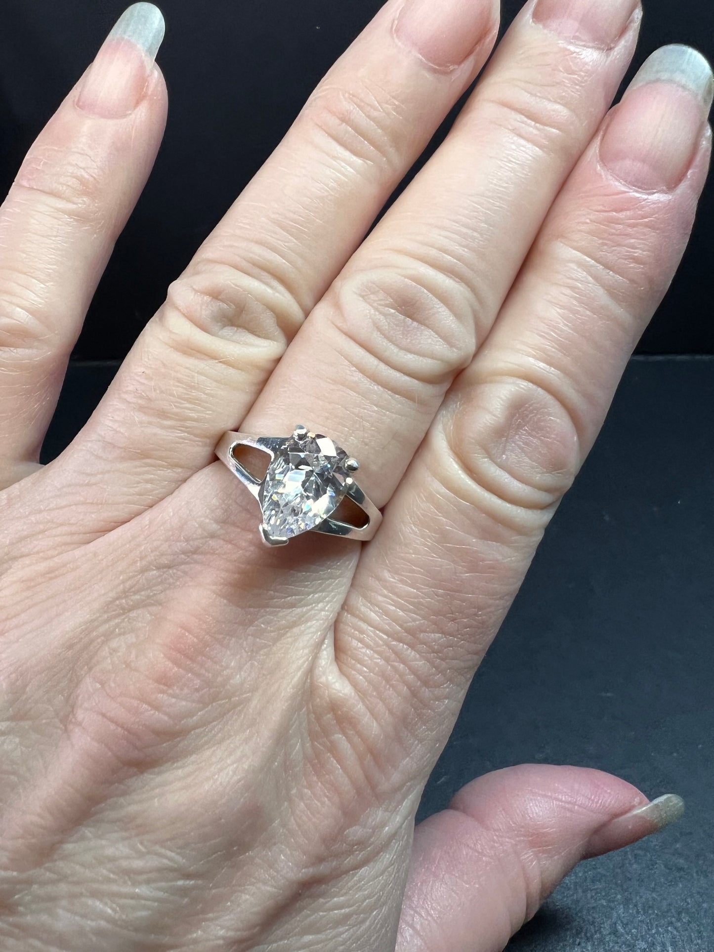 Vintage CZ Pear Solitaire in Sterling Silver, Open Gallery Split Shank, Size 9