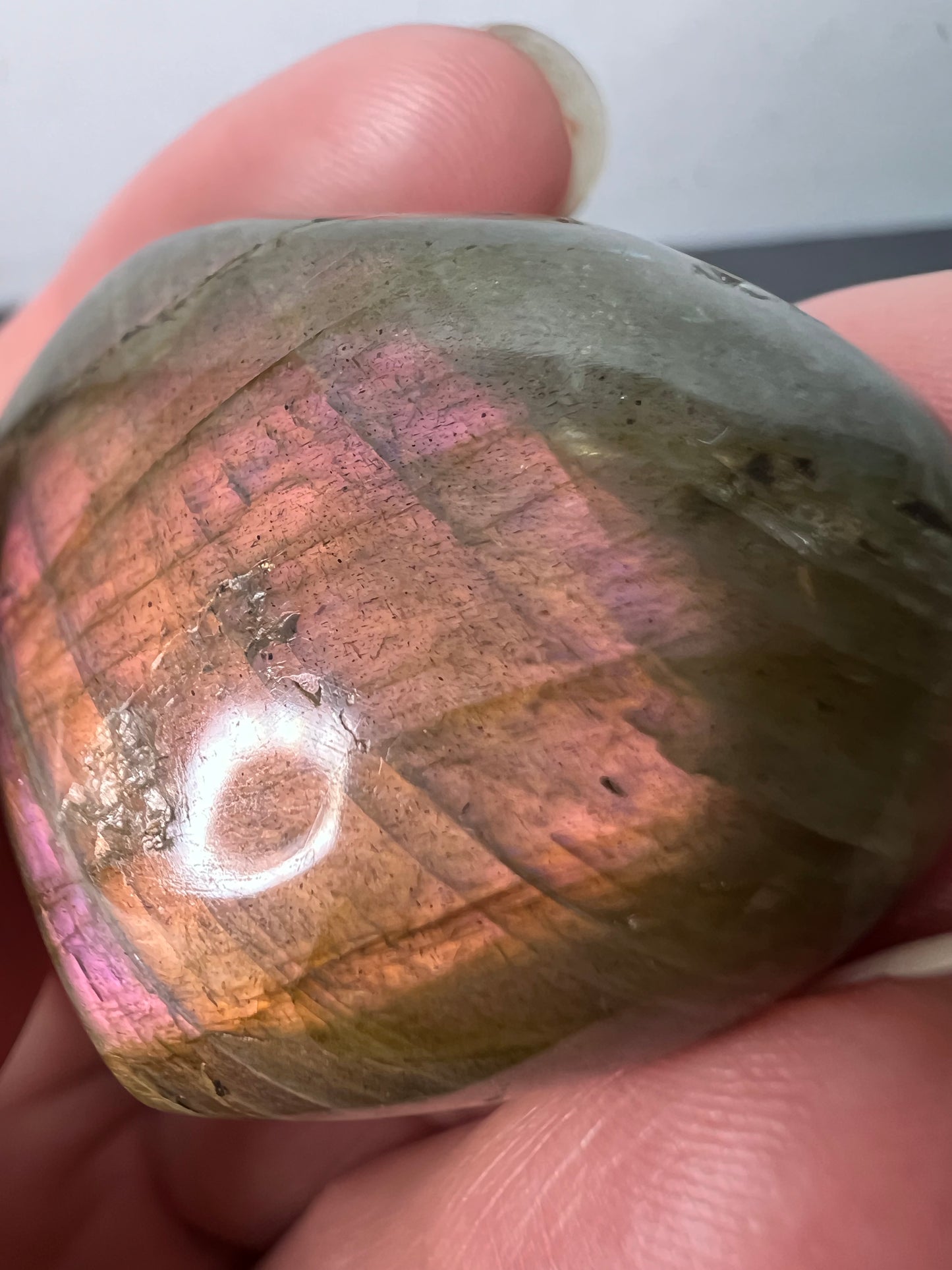 Labradorite heart with pink and purple flash