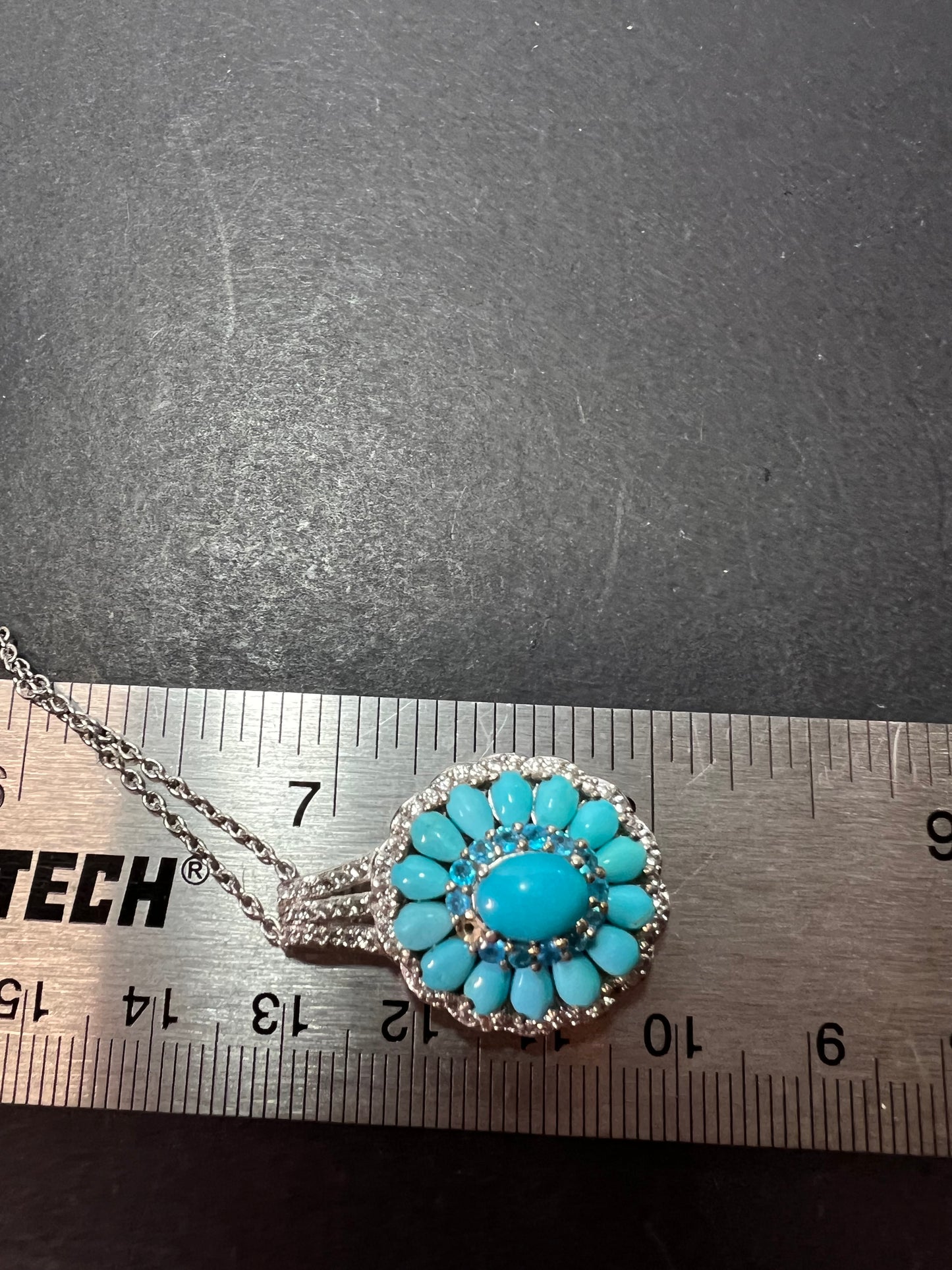 Turquoise and neon blue apatite halo sterling silver necklace with chain