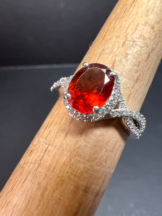NEW Ceylon Hessonite garnet and zircon ring in rhodium over sterling silver size 7