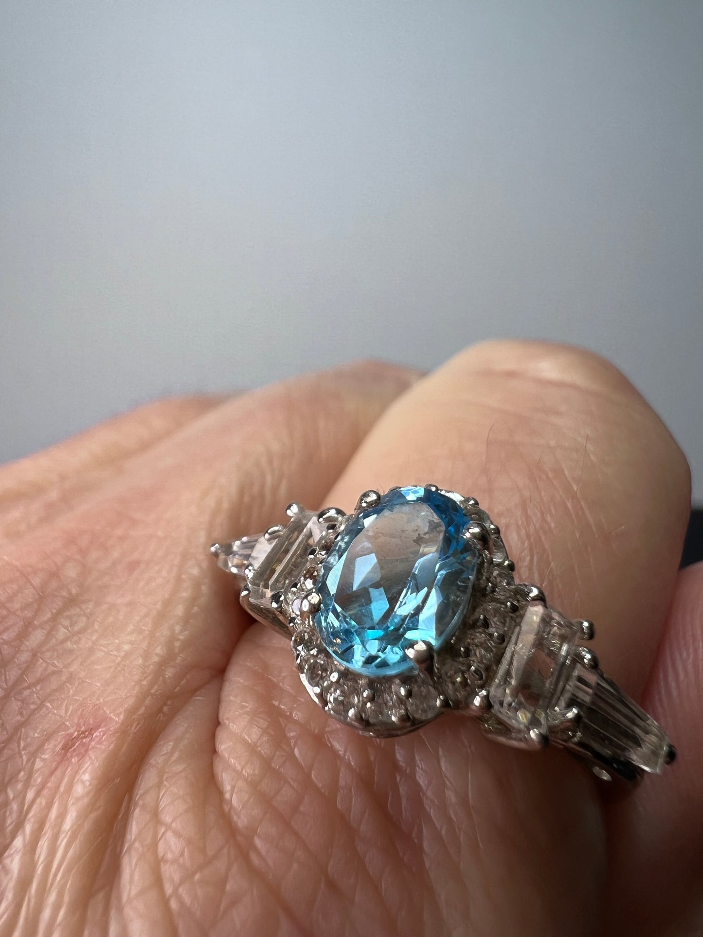 Blue and white topaz sterling silver halo ring size 9