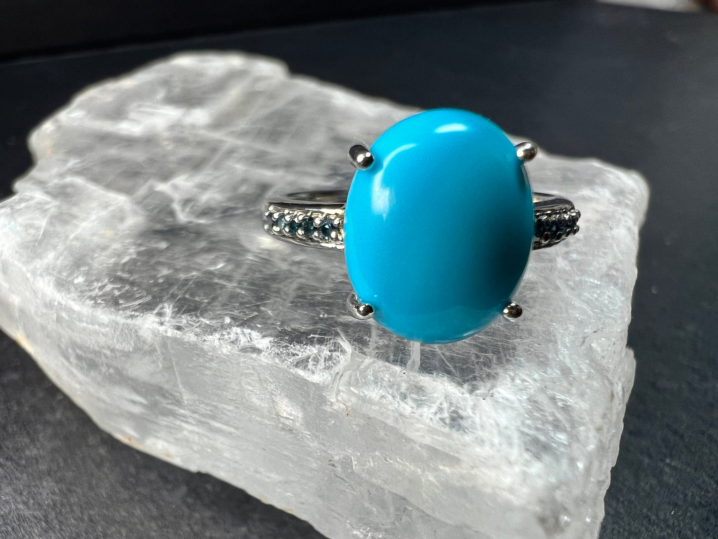 Sterling Silver Turquoise Ring with Blue Diamond Accents Size 6
