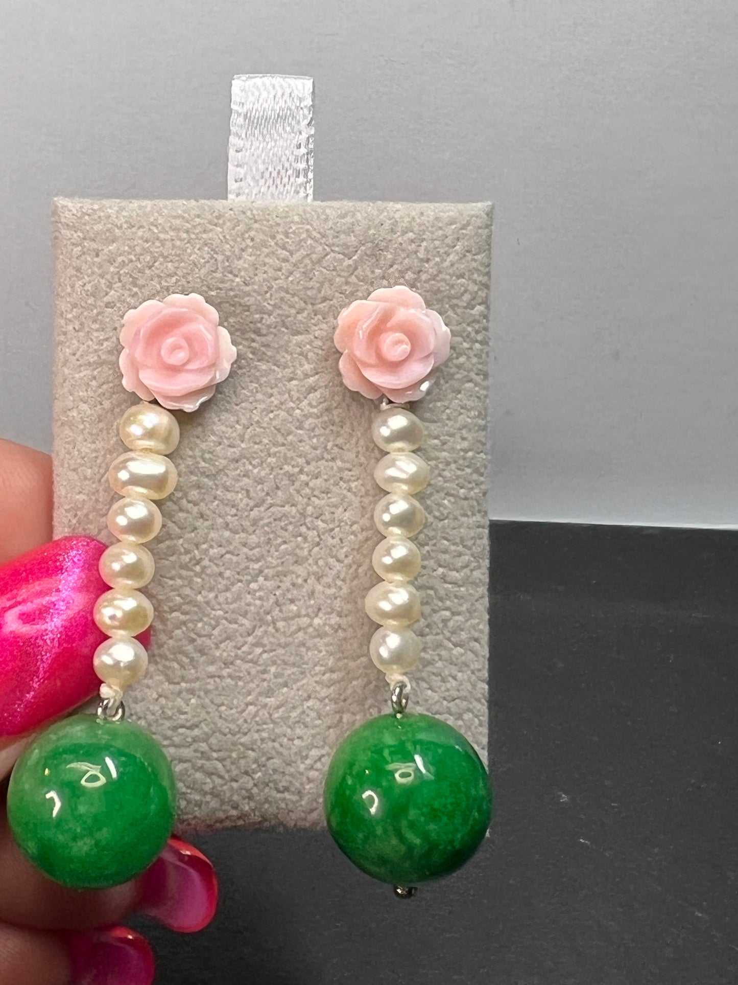 Green Jade , pink flowers and freshwater pearl earrings in rhodium over sterling silver