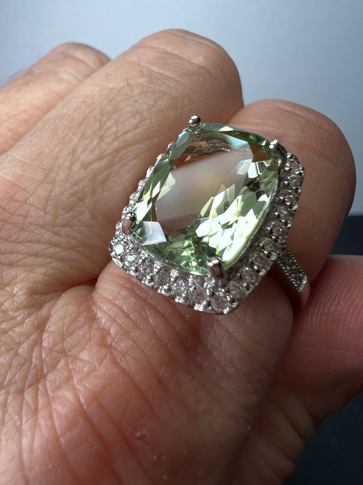 Cushion cut Prasiolite cocktail halo ring size 9