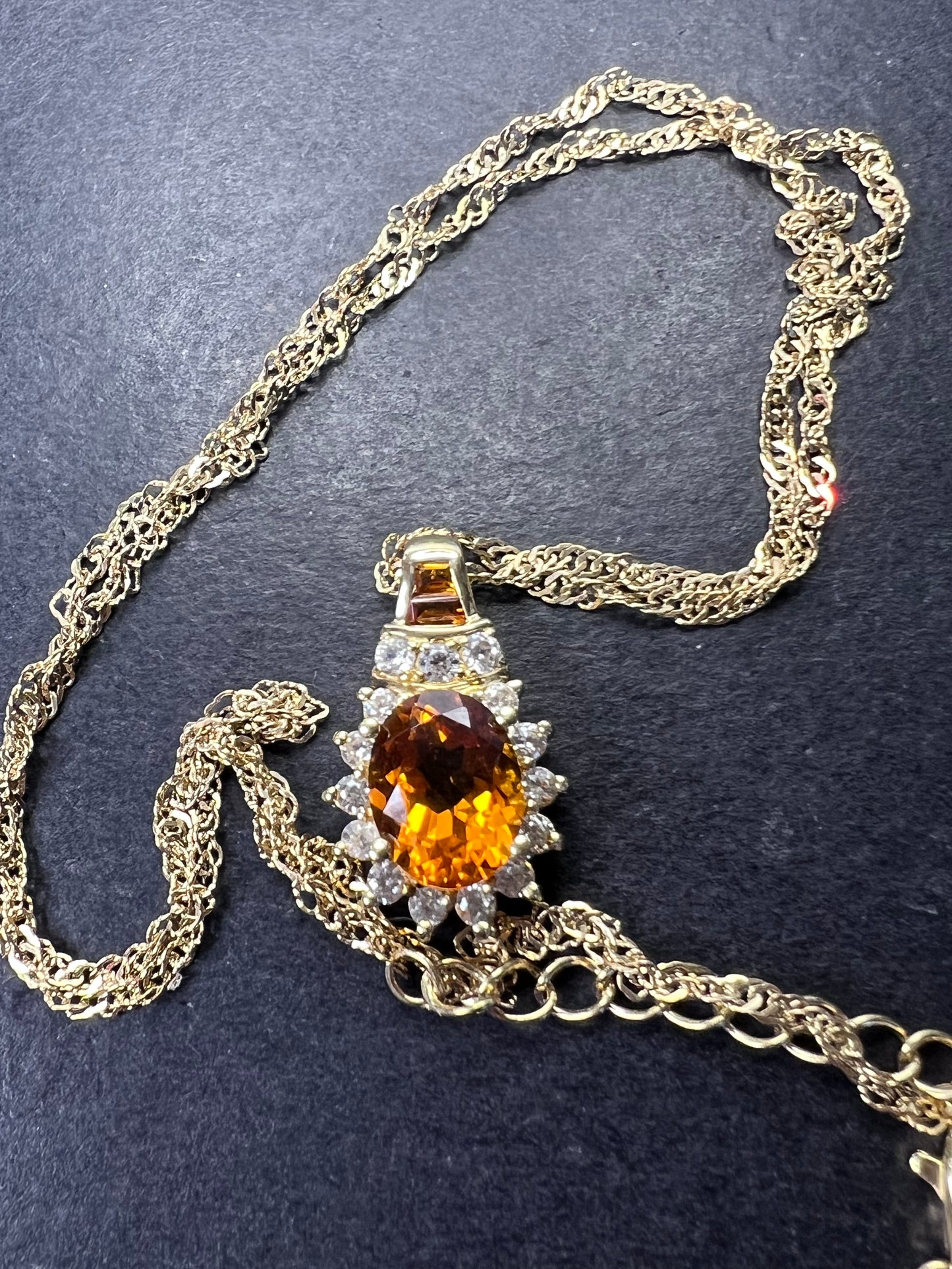 Mandarin citrine and white topaz halo pendant necklace in 14k gold over sterling silver