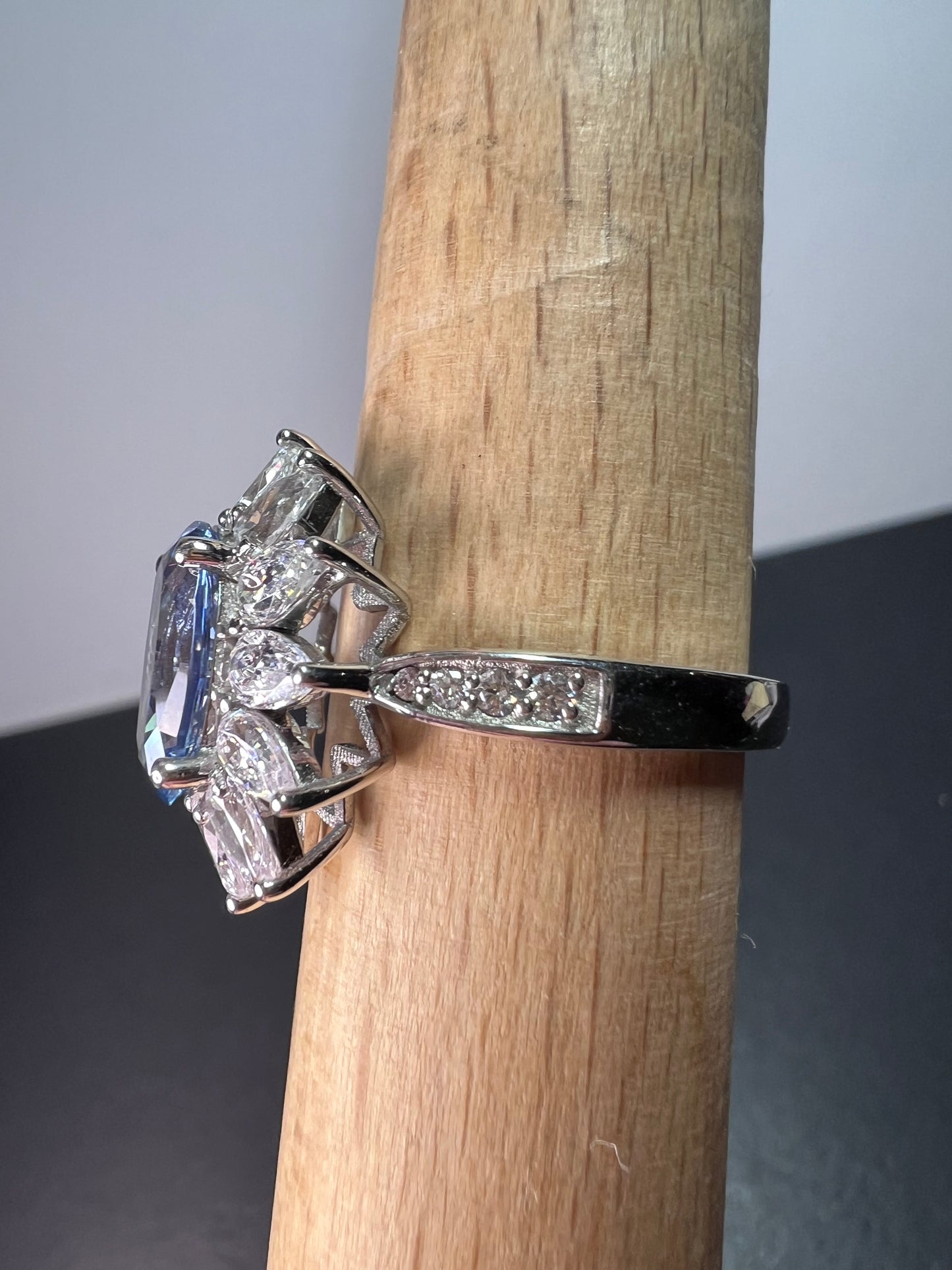 Blue lab spinel and white CZ rhodium over sterling ring size 10