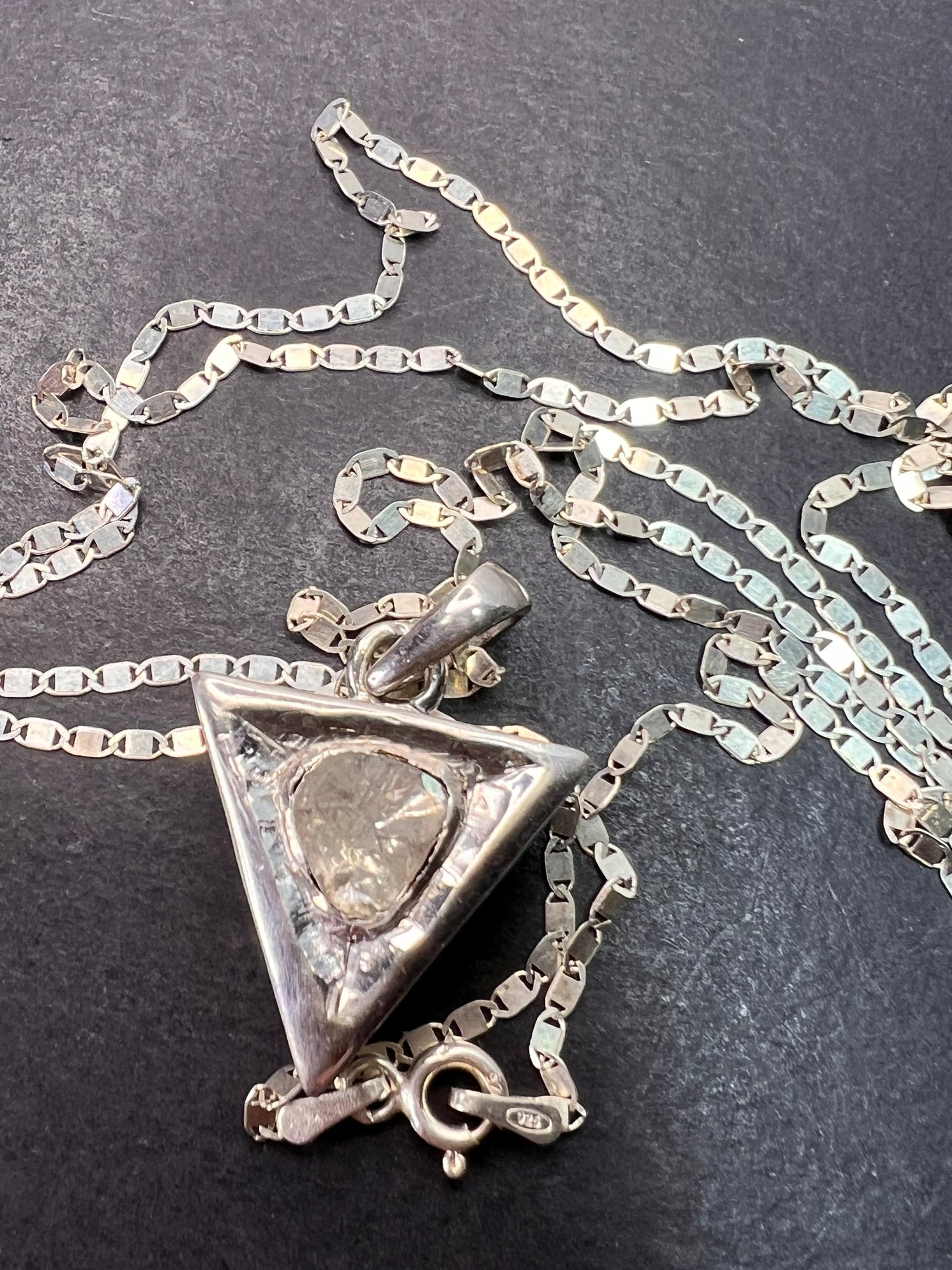 Downward triangle polki diamond pendant and chain necklace in platinum over sterling silver