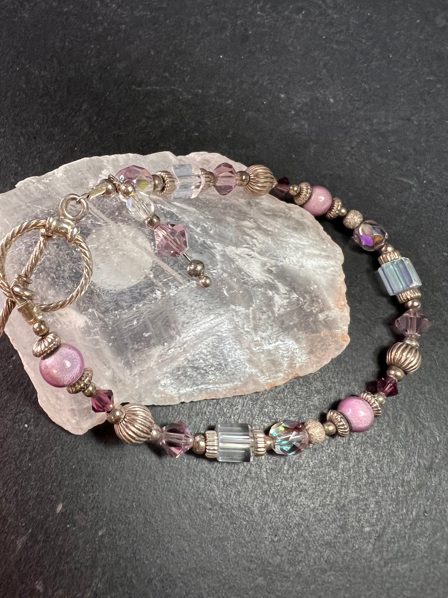 Vintage Sterling Silver Toggle Bracelet with Purple Crystal & Lampwork Beads
