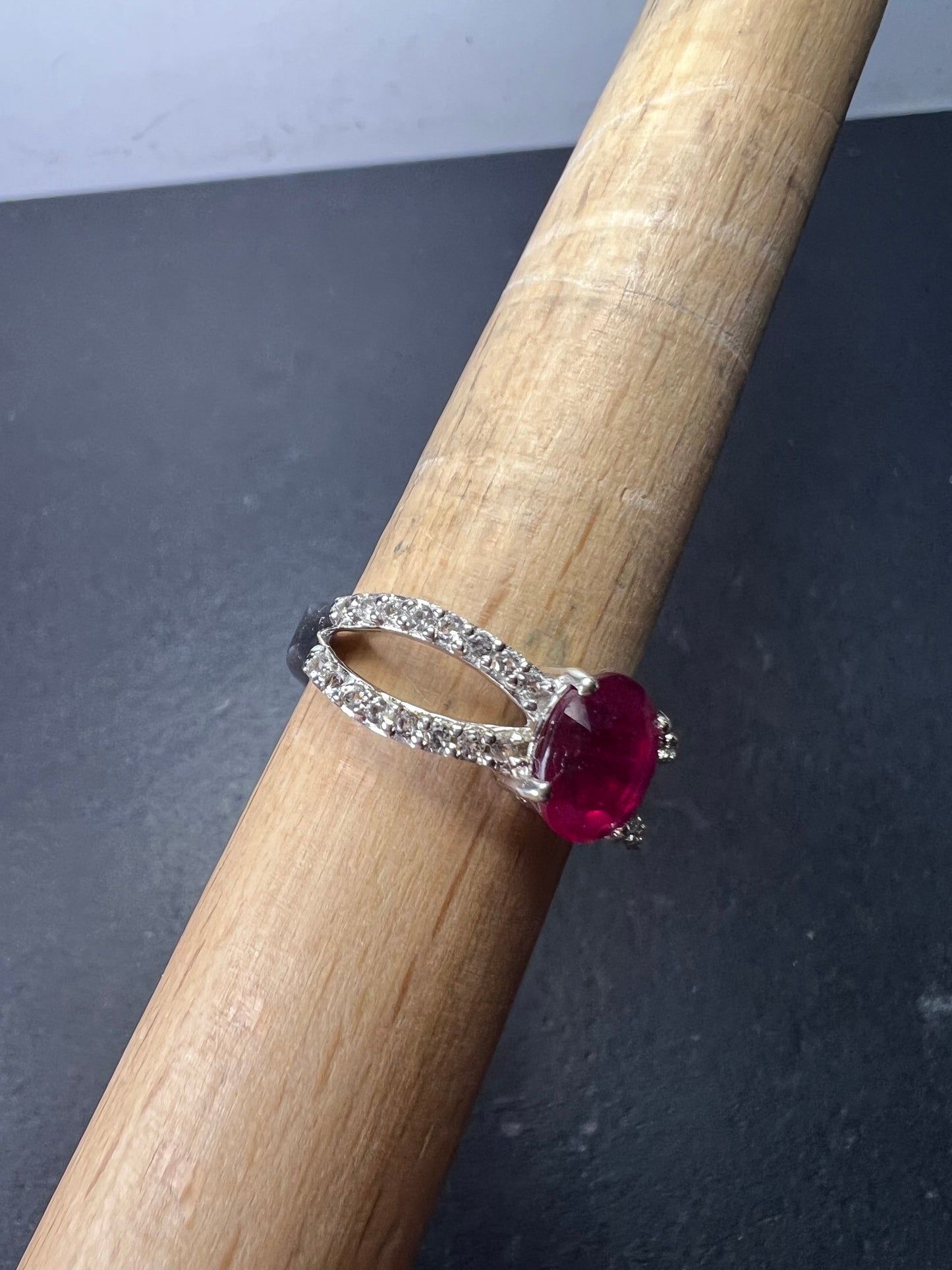 Ruby and zircon crisscross sterling silver ring size 9