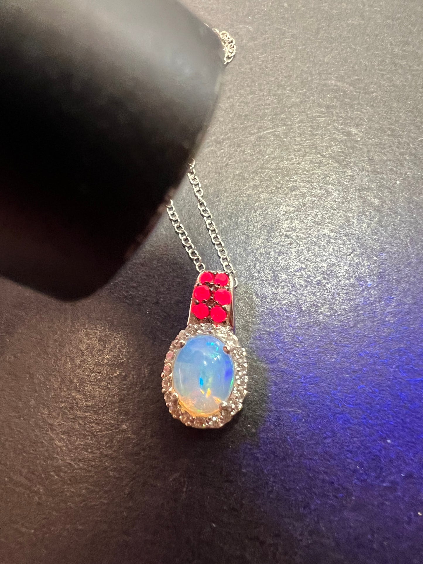 Ethiopian opal, ruby and zircon pendant and chain in platinum over sterling silver *NEW*