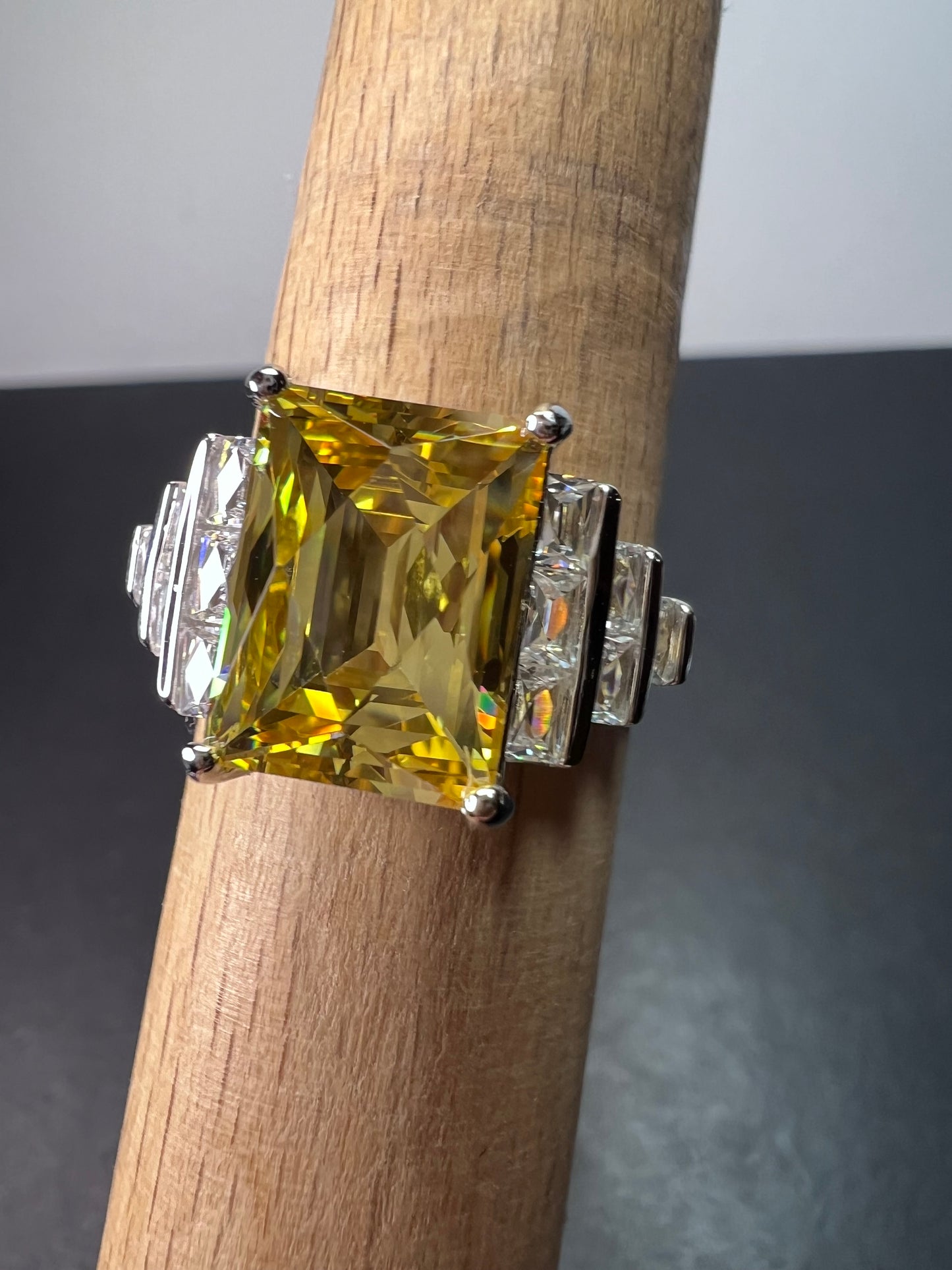 Yellow and white cz sterling silver cocktail ring size 9