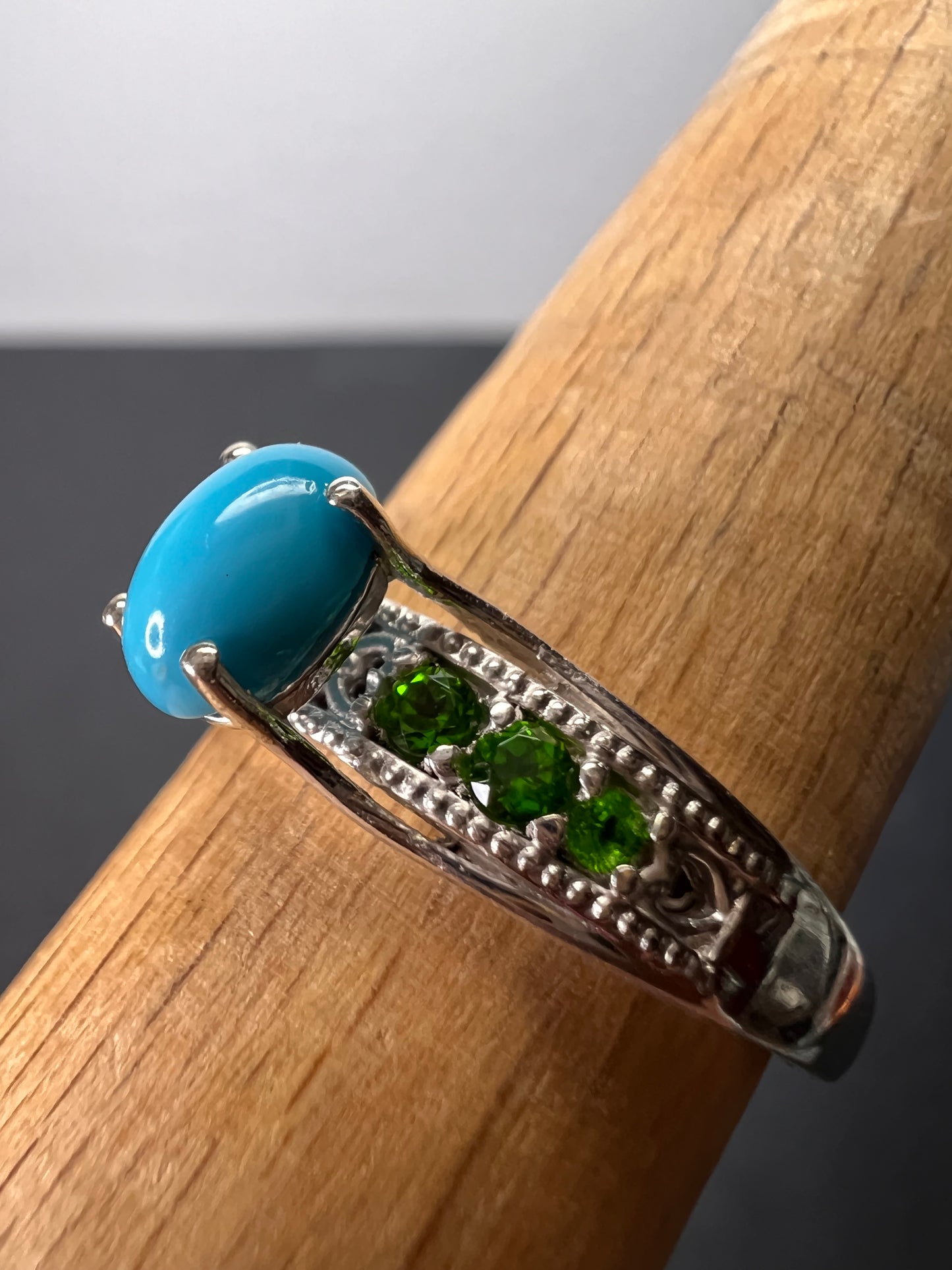 Sleeping Beauty turquoise and chrome diopside sterling silver ring size 9