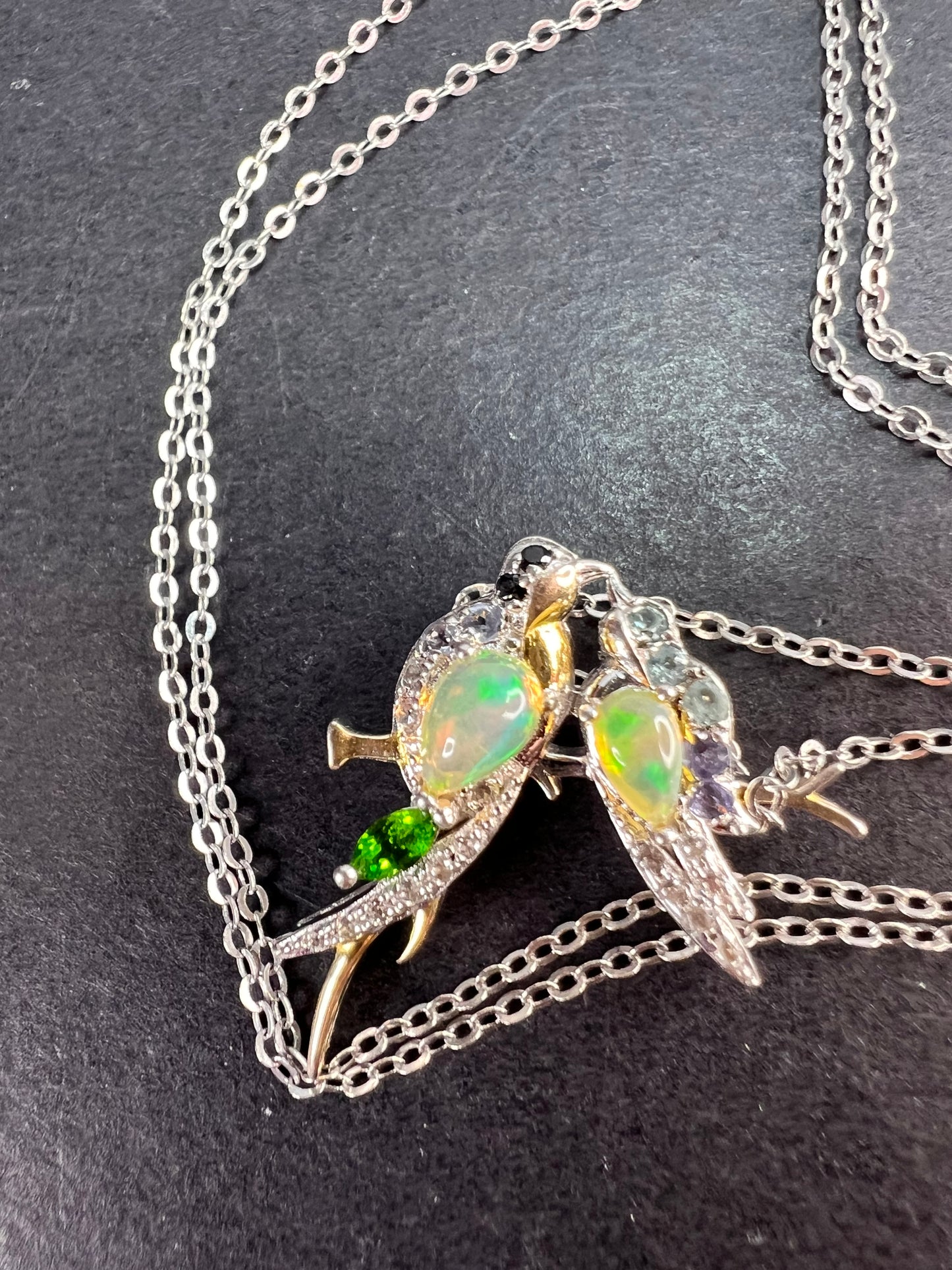 Ethiopian opal love birds multi gemstone two toned pendant and chain in gold and rhodium over sterling silver