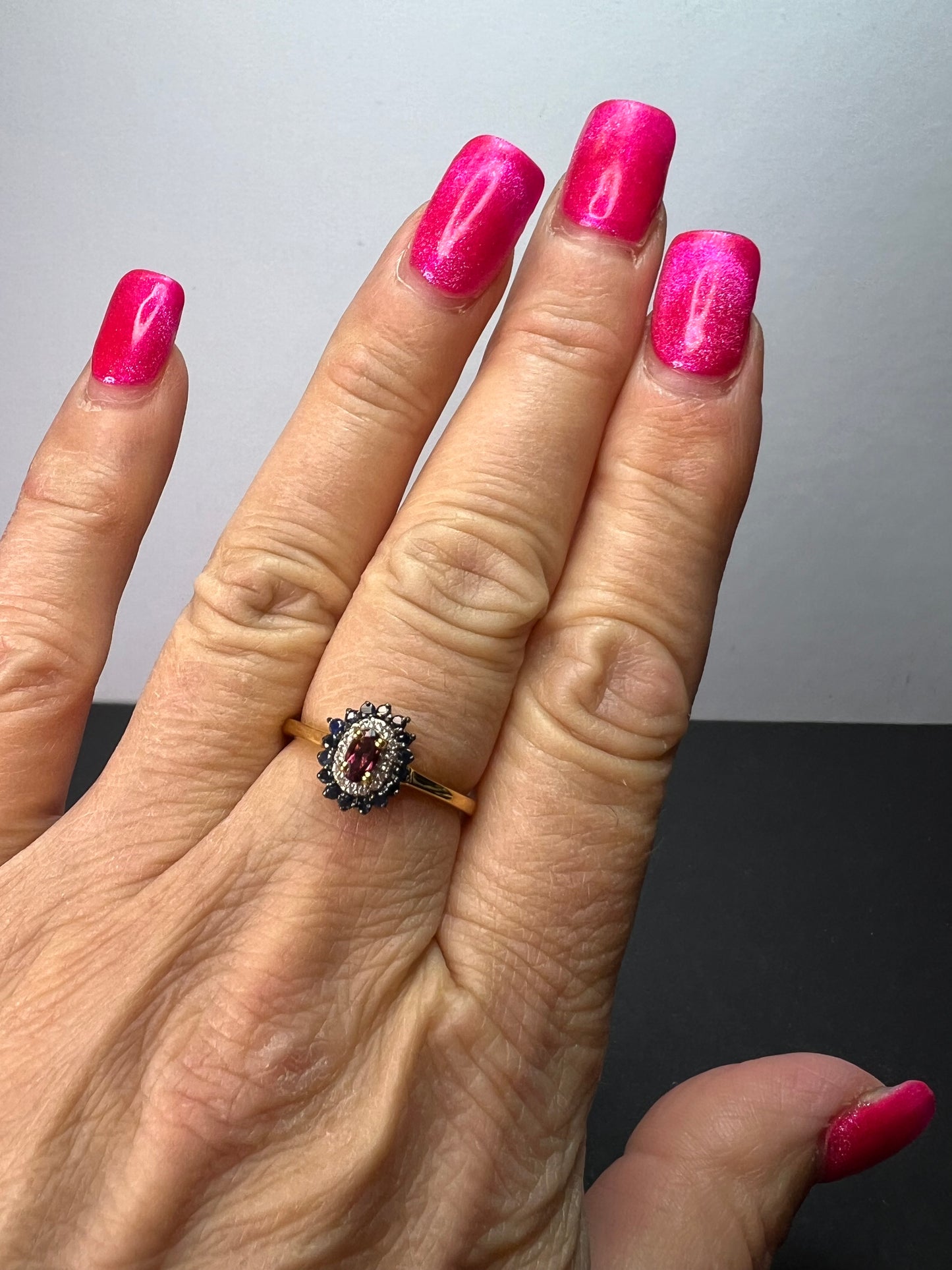 Ofiki rubellite and blue sapphire double halo ring in vermeil yellow gold over sterling silver size 8