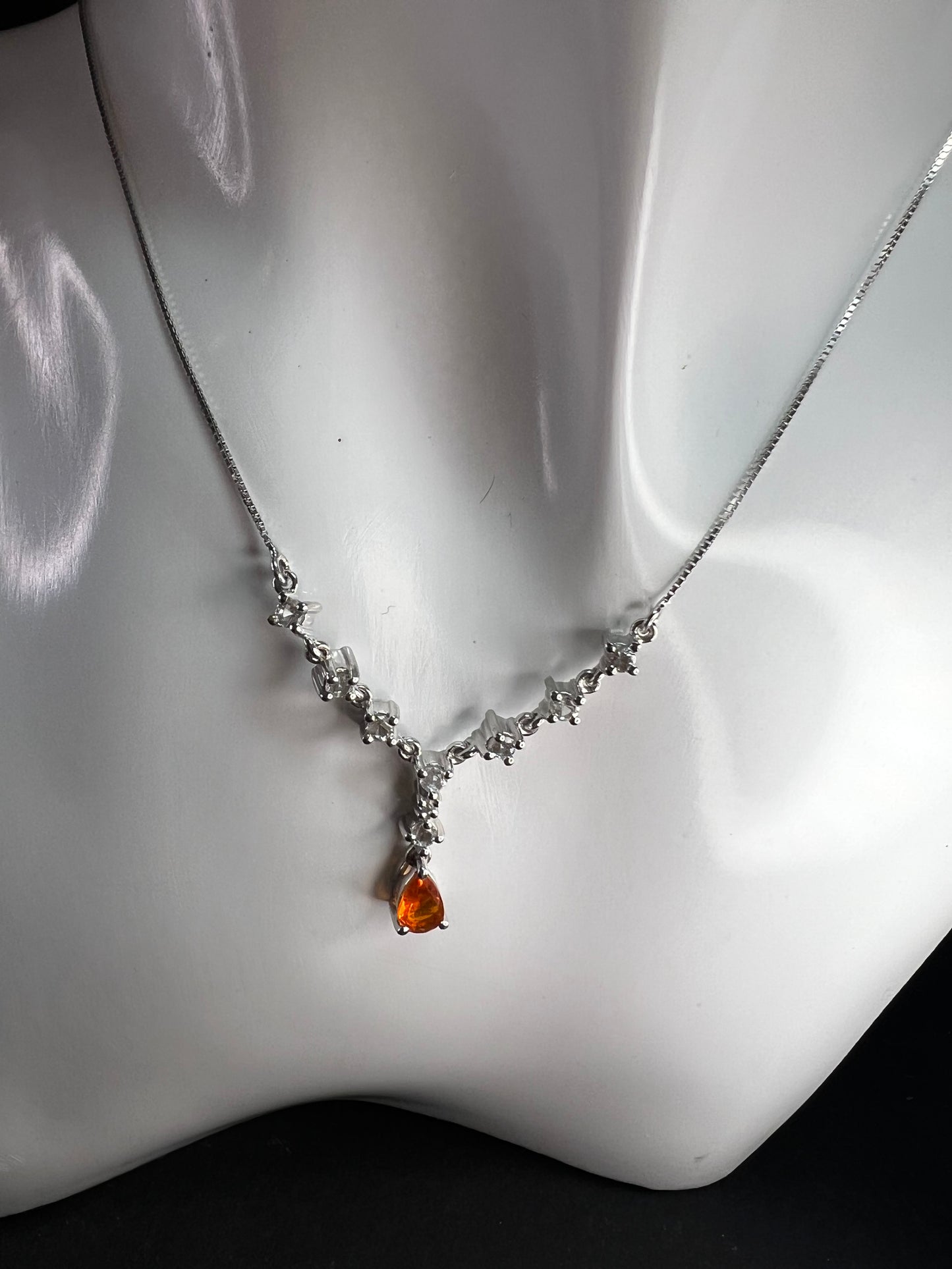 Vintage Sterling Silver Mexican Fire Opal & White Topaz Y Necklace