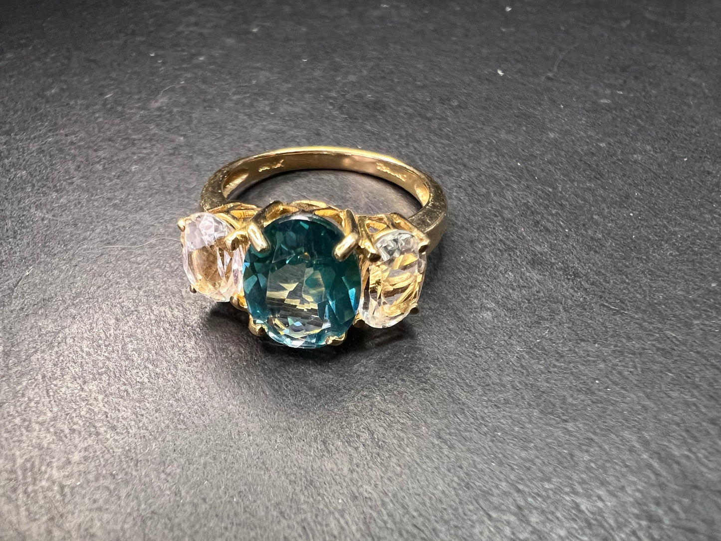 Vintage 10K Yellow Gold Blue Topaz & White Topaz Three-Stone Ring – Size 7