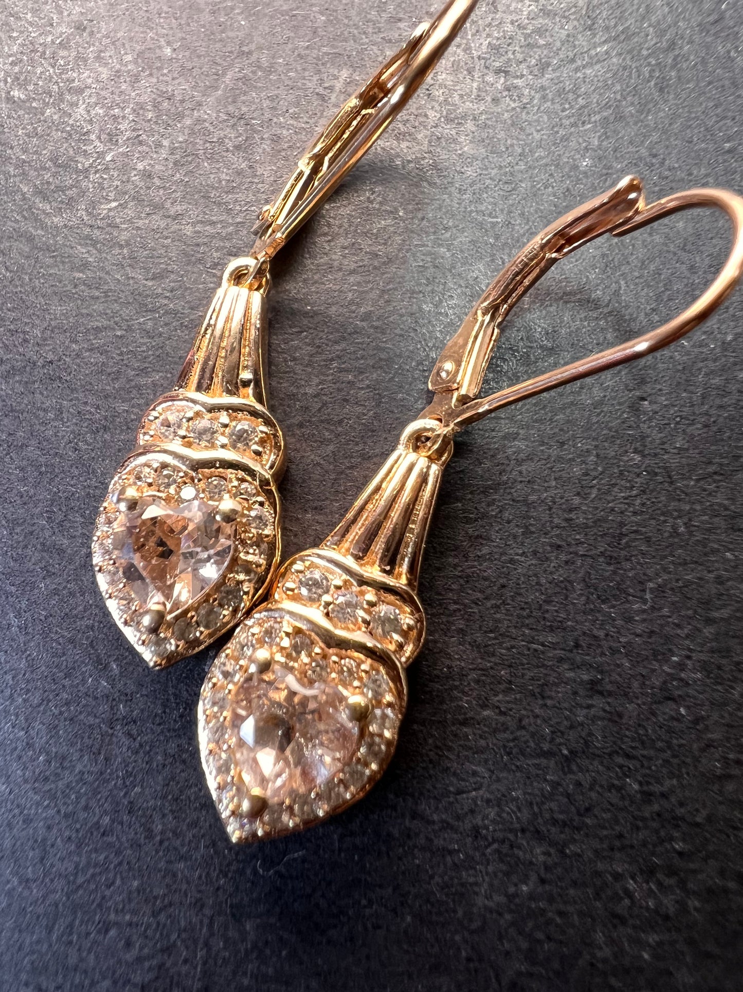 Marropino morganite and Cambodian zircon rose gold over sterling lever back heart drop earrings