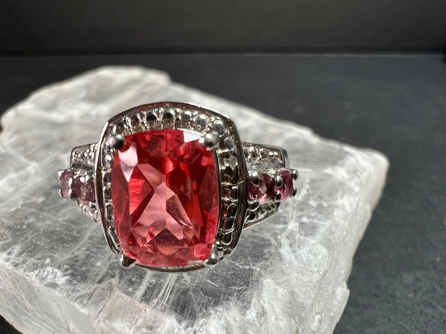 Sterling Silver Peach Red Quartz Doublet & Pink Tourmaline Ring 8.75