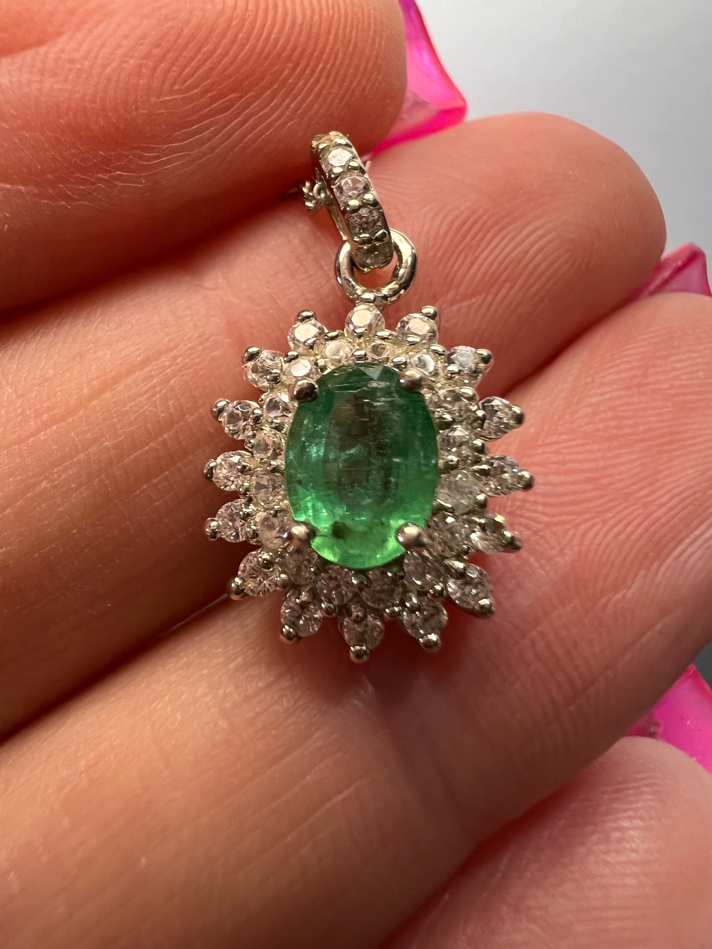 AAA Kagem Zambian Emerald and Natural White Zircon Sunburst Pendant Necklace 18 Inches in Platinum Over Sterling Silver 1.50 ctw