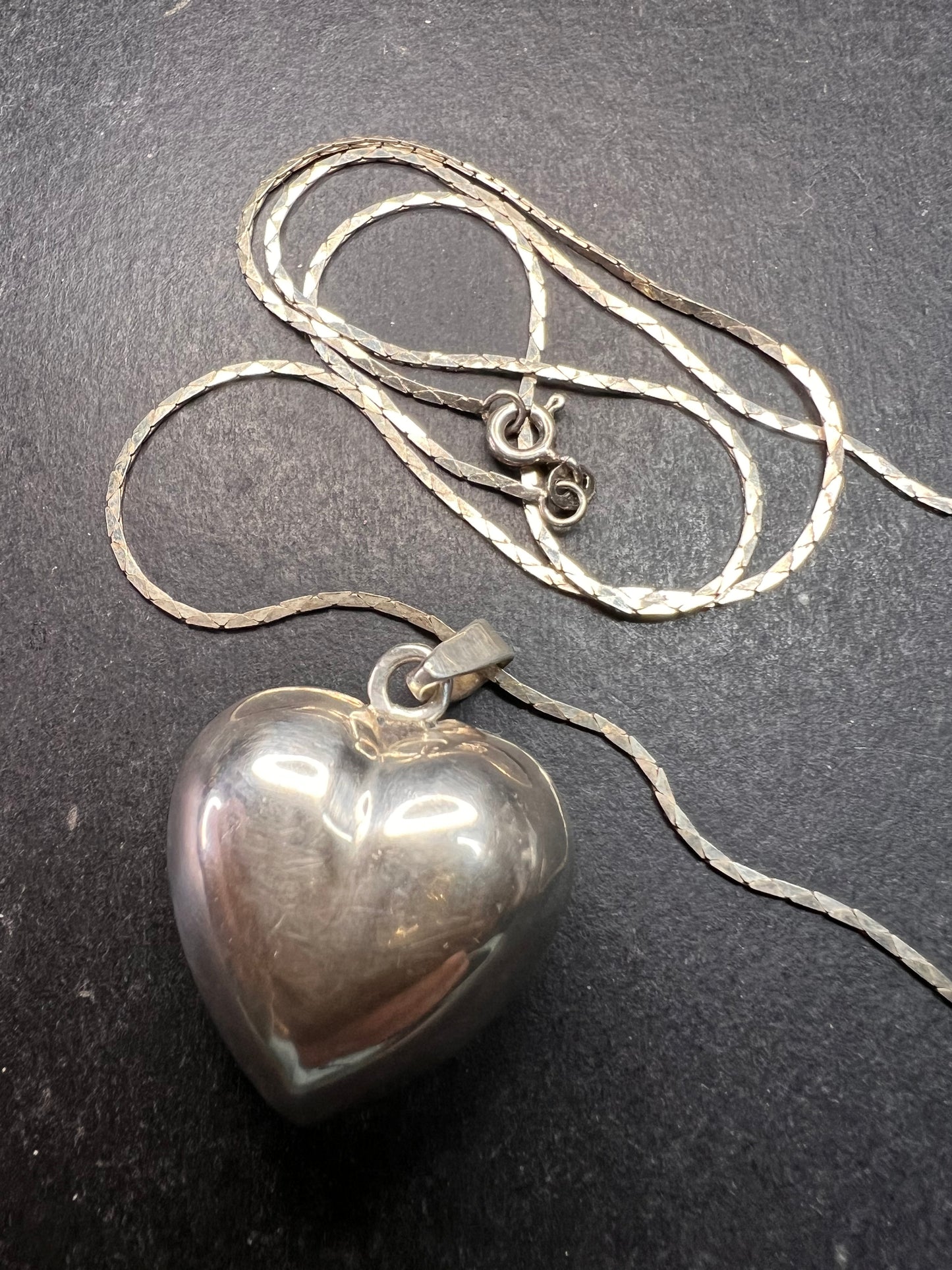 Vintage Sterling Puffy Heart Harmony Pendant on 20” Diamond-Cut Chain
