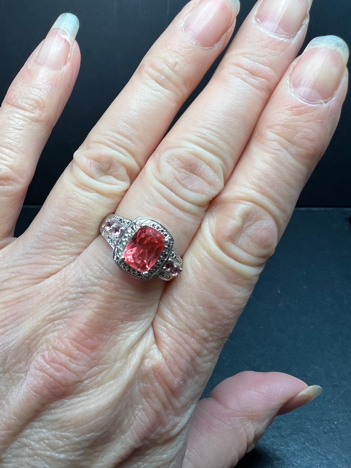 Sterling Silver Peach Red Quartz Doublet & Pink Tourmaline Ring 8.75