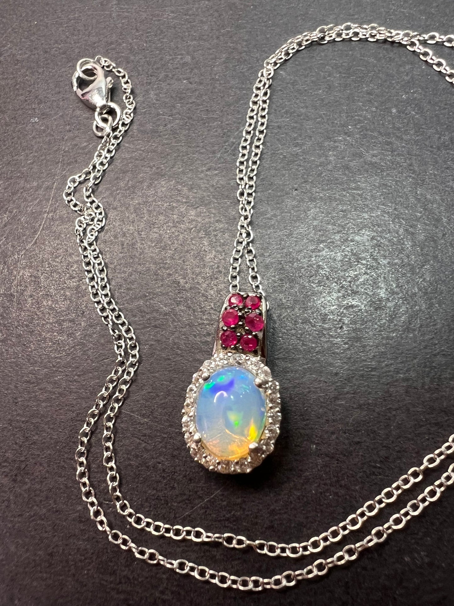 Ethiopian opal, ruby and zircon pendant and chain in platinum over sterling silver *NEW*