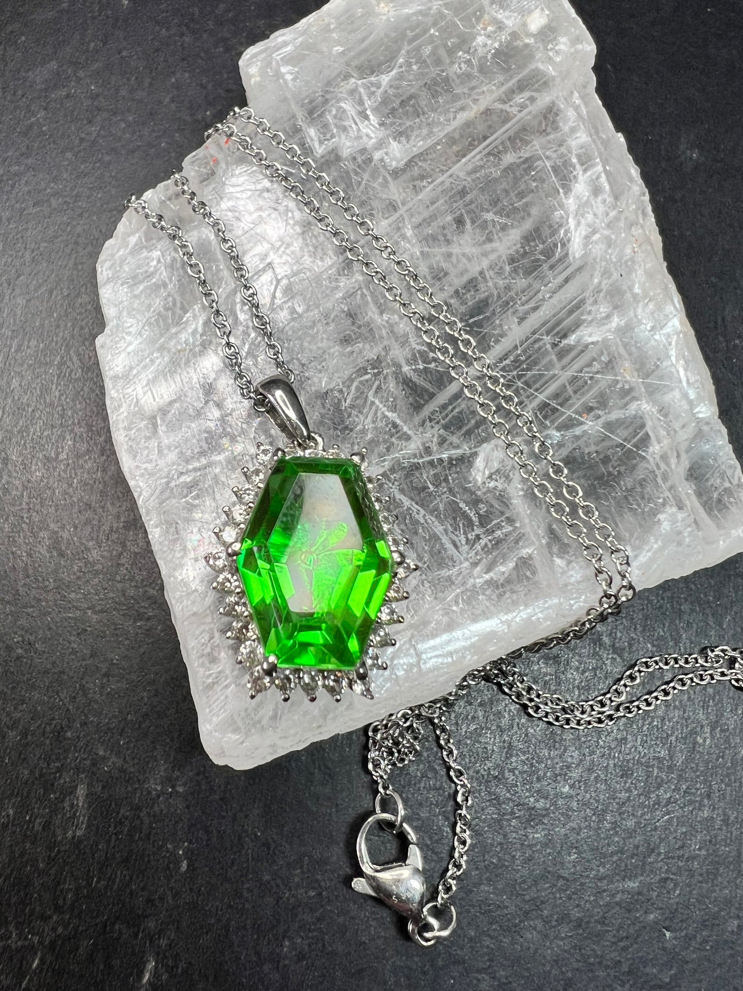 NEW Chartreuse Quartz & White Zircon Pendant Necklace 20” 16.15ctw
