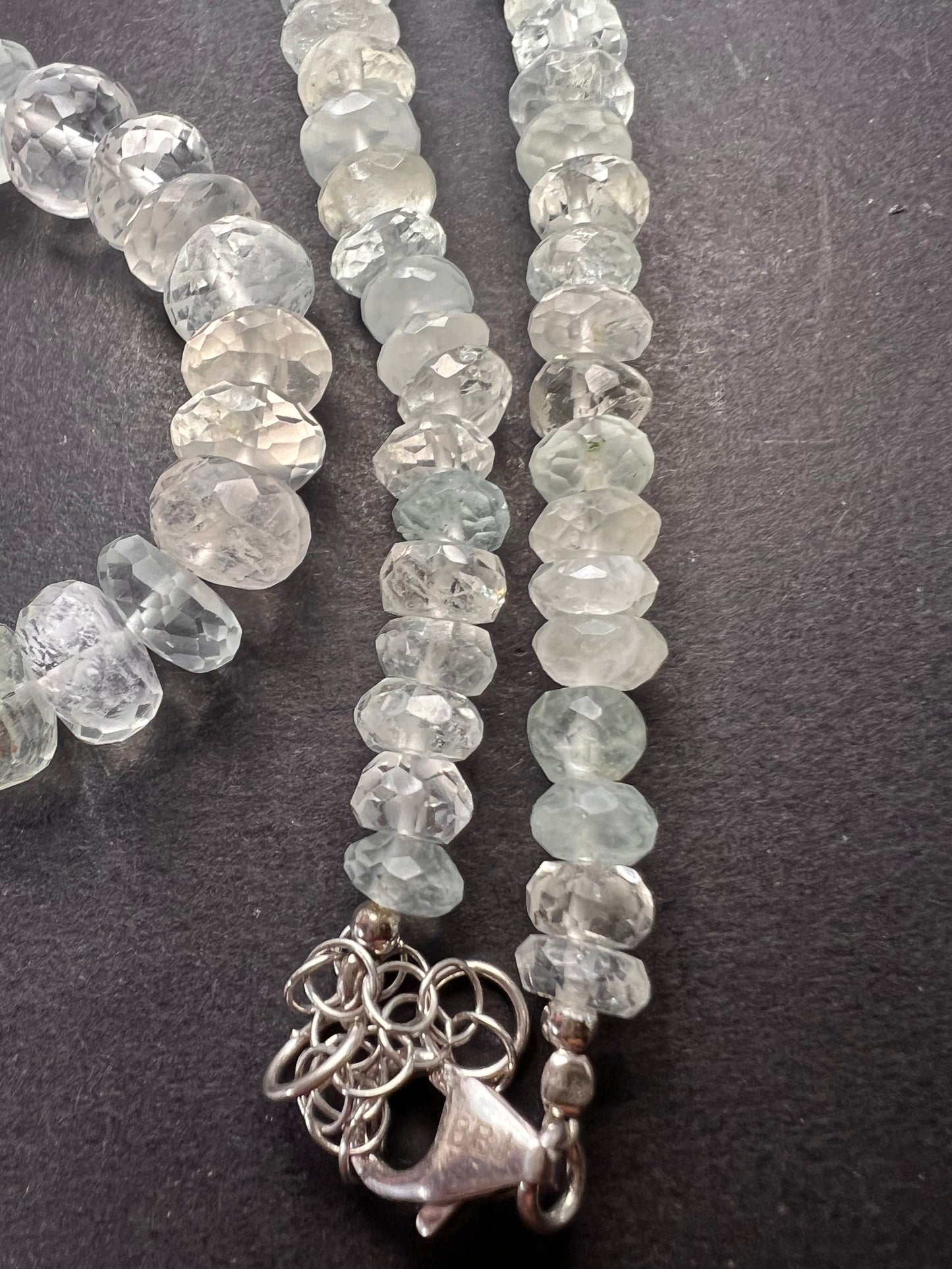 Natural aquamarine faceted rondelle graduated 20 inch necklace with platinum over sterling clasp