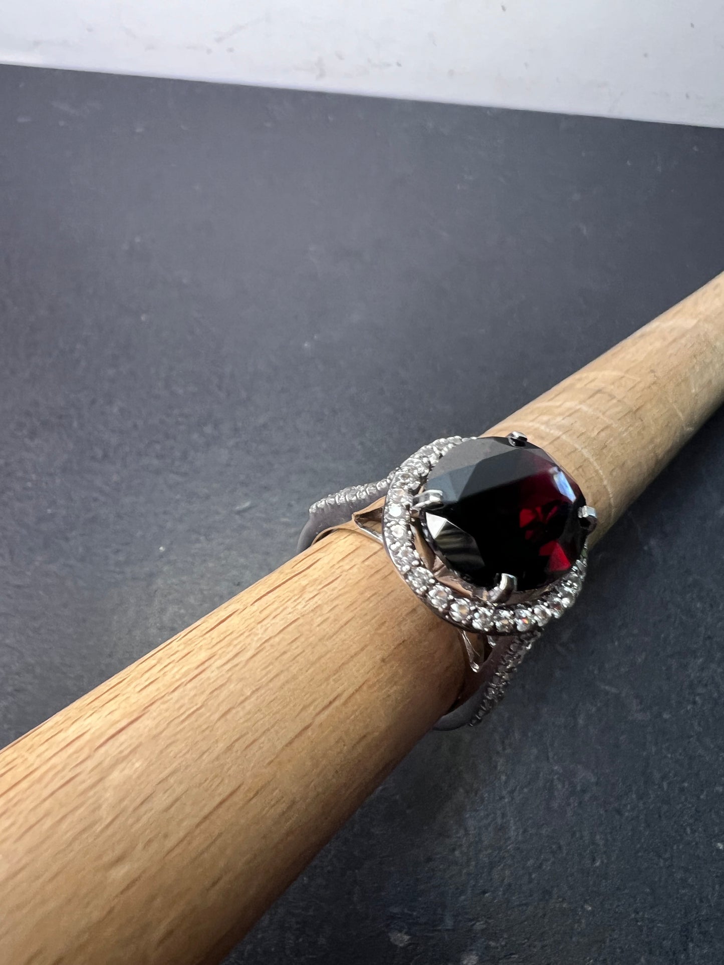 Garnet and zircon sterling silver halo ring size 9