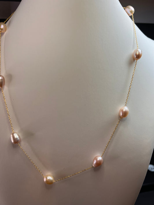 NEW multi colored freshwater pearl station necklace in gold over sterling silver
